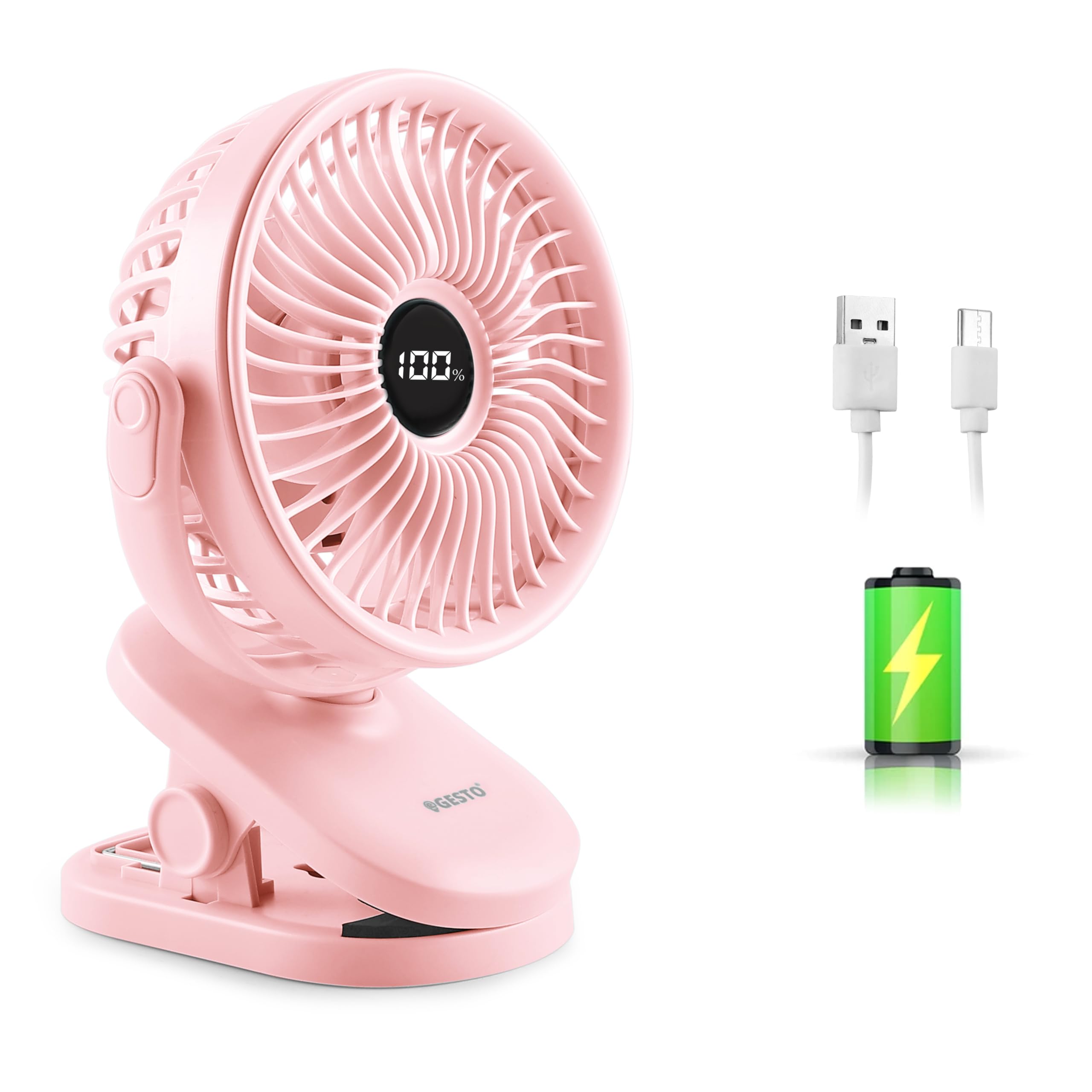 Gesto High Speed Rechargeable ClipOn Table Fan With Digital Display  360 Moving Usb Charging Fan For Home,Kitchen,Baby Strolle