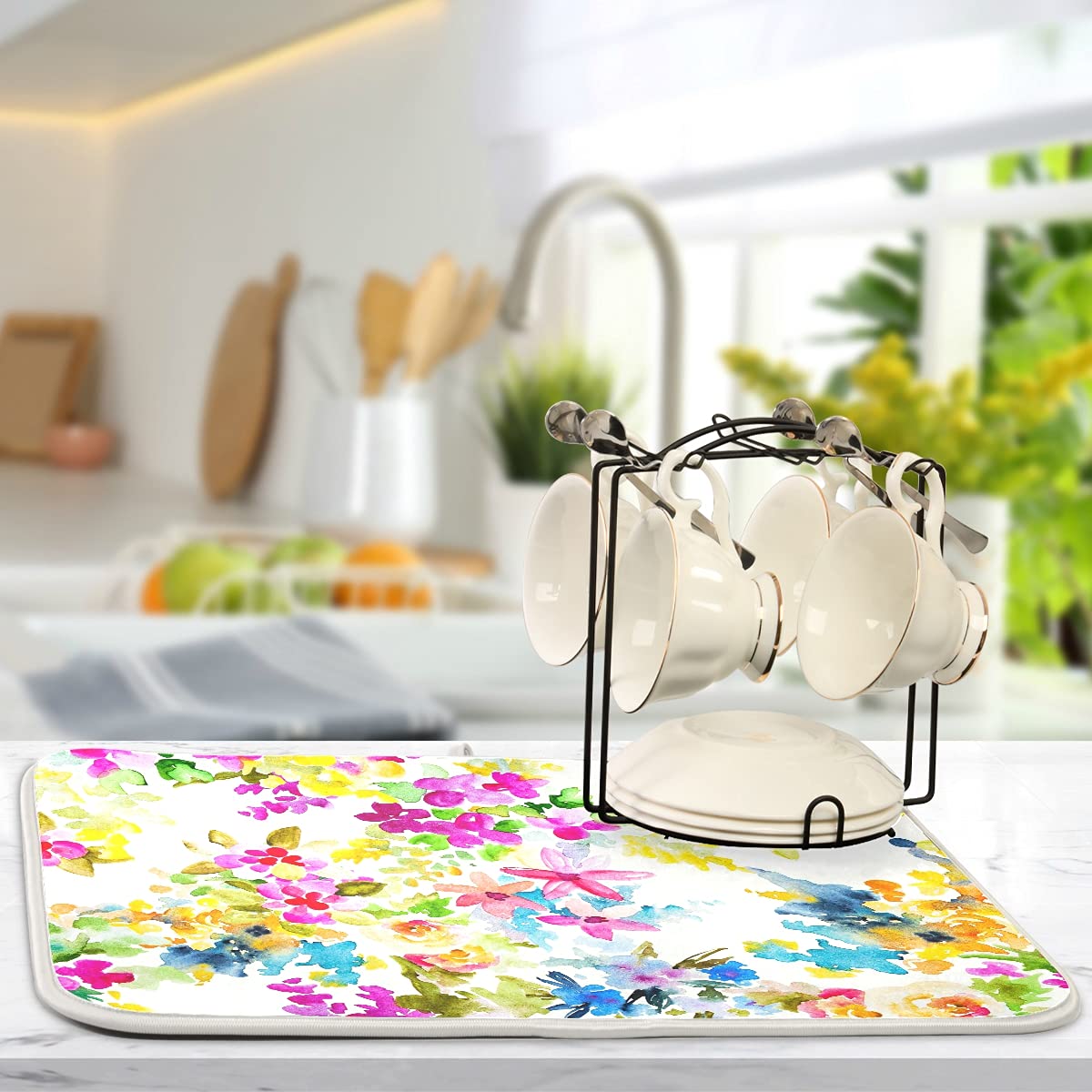 Spring Flowers Dish Drying Mat For Kitchen Counter 18'' X 16'' Inch - Absorbent Reversible Microfiber Dish Mat, Heat Resistant D