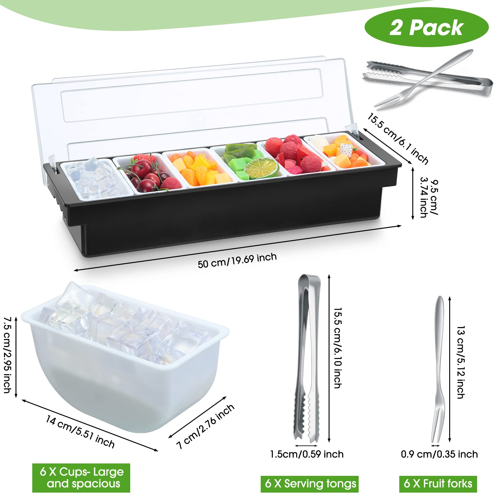 Gandeer 2 Ice Cooled Garnish Tray Deck Bar Garnish Caddy Condiment Containers With Lids And Removable Chilled Condiment Server W