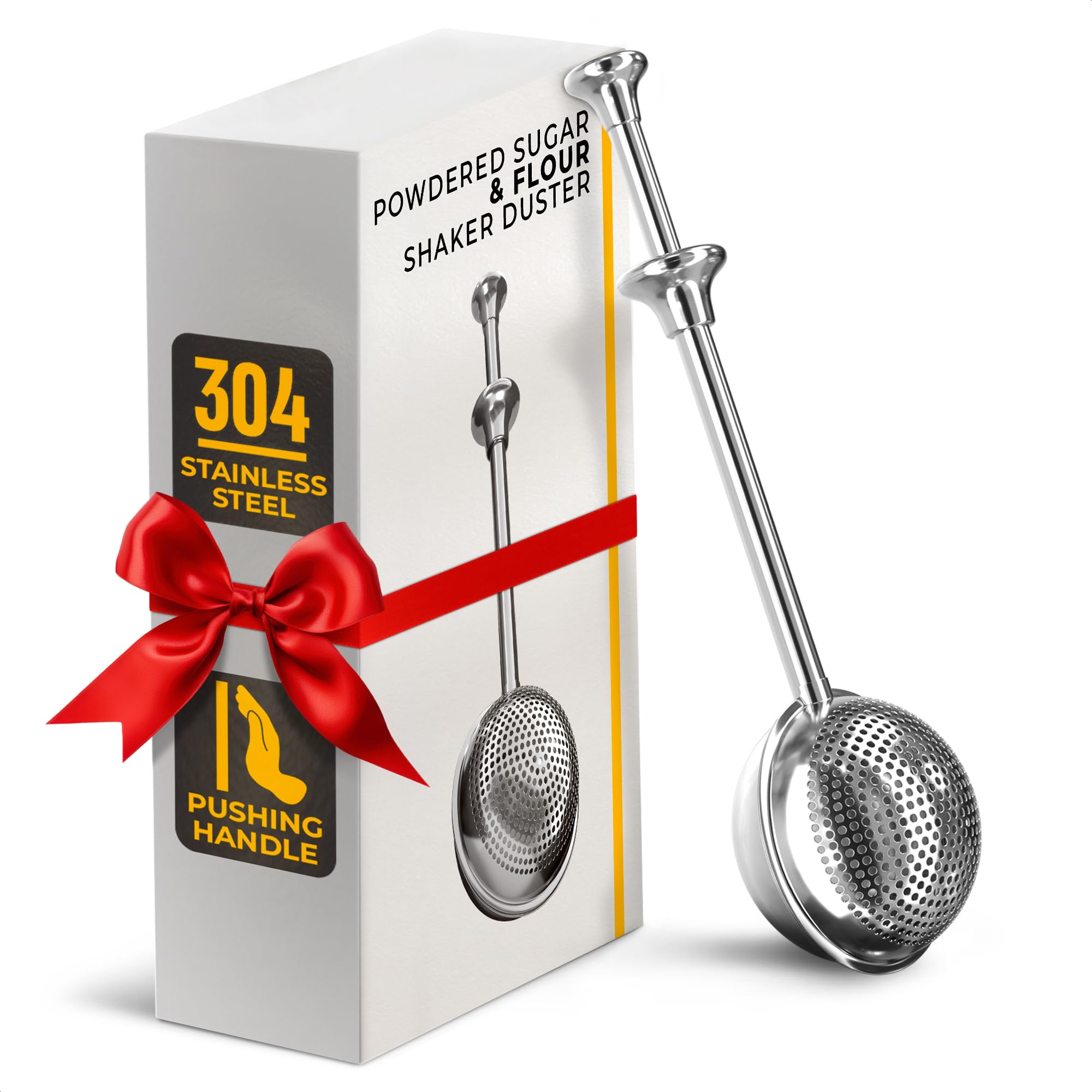 Flour Shaker Duster - 18/8 Stainless Steel Flour Duster for Bread Baking with One-Handed Operation - Cocoa, Cinnamon, Spices & P