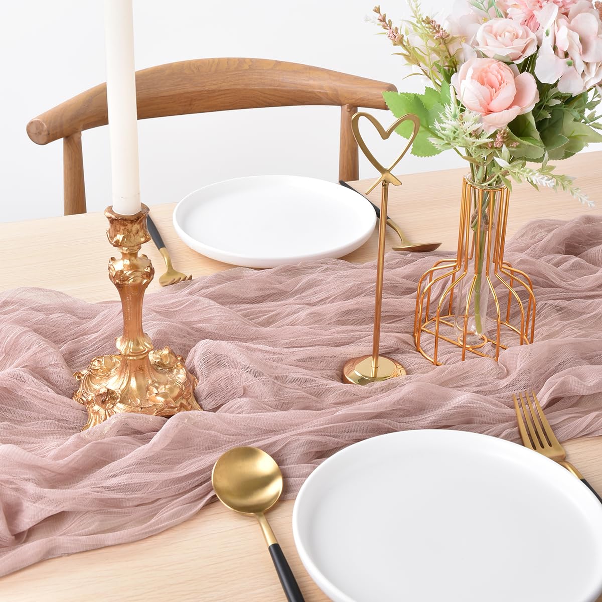 Joanlody Dusty Rose Cheesecloth Table Runner Fall Thanksgiving 10Ft Rustic Gauze Boho Cheese Cloth Table Runner for Wedding Brid