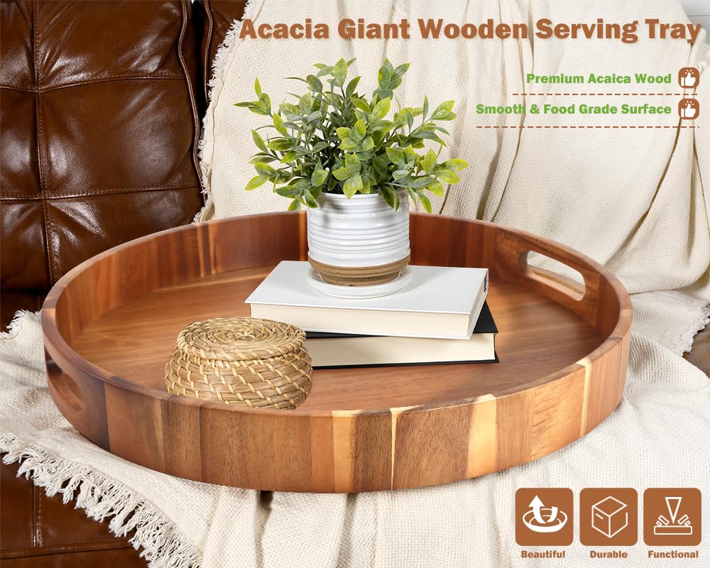 Extra Large Round Serving Tray, 20Inch, Heavy Duty Acacia Wood Trays For Big Ottoman Coffee Table Counter Giant Decorative Organ