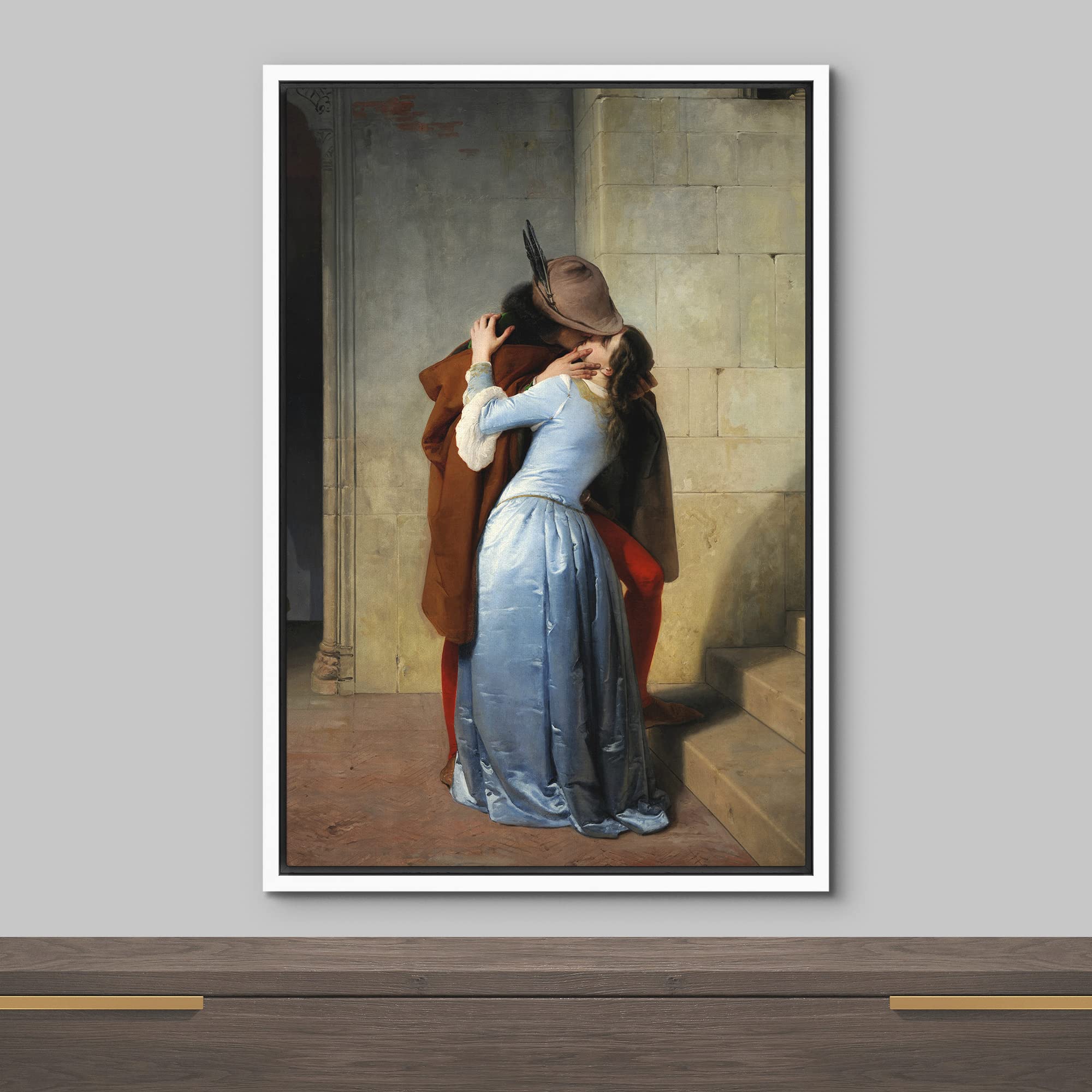 Wall26 The Kiss (Il Bacio) By Francesco Hayez - Framed Canvas Print Wall Art Famous Painting Reproduction - 24''X36'' White