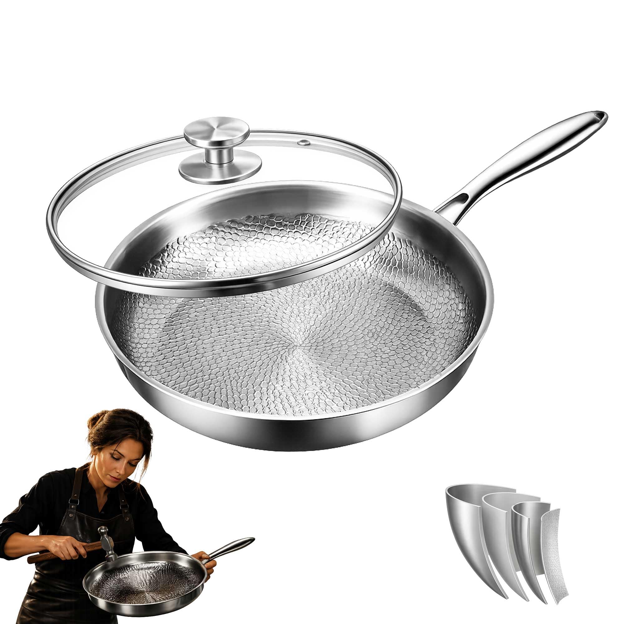 Pure Titanium Hammered Frying Pan with Lid, 10 Inch No Coating Skillet, Scratch Resistant Titanium Cookware, Even Heating Oven S