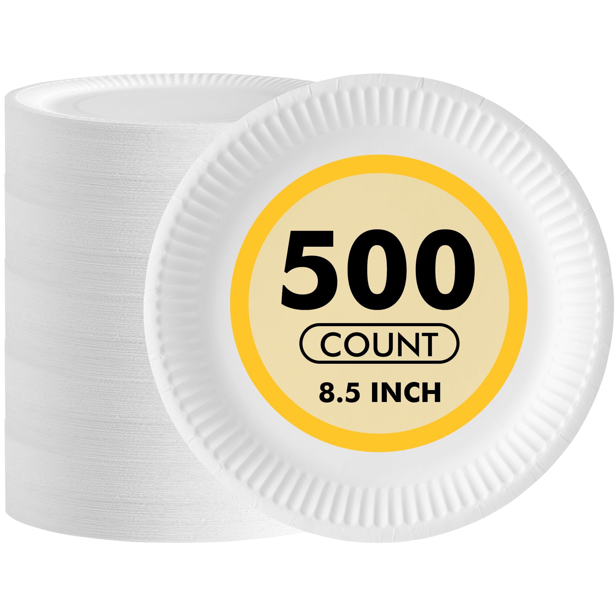 RACETOP Paper Plates 8.5 Inch [500 Count], White Uncoated Disposable Plates for Party, 8.5 Paper Plate Bulk