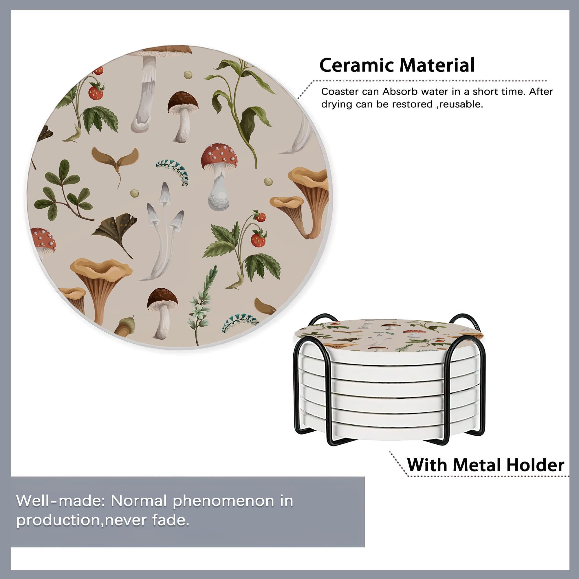 6 Pcs Coasters For Drinks With Holder,Retro Mushrooms Berries And Bugs Absorbent Coaster With Cork Backing,Great Gift For Housew