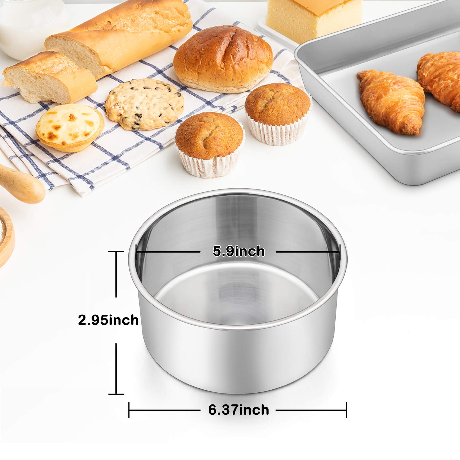 2 Pcs 6 Inch Deep Cake Pan Set  P&P CHEF 6'' x 2.95'' Stainless Steel Round Baking Pans  for Birthday Wedding Christmas  Non Toxic & Healthy  One-piece Construction & Deep Side  Oven & Dishwasher Safe