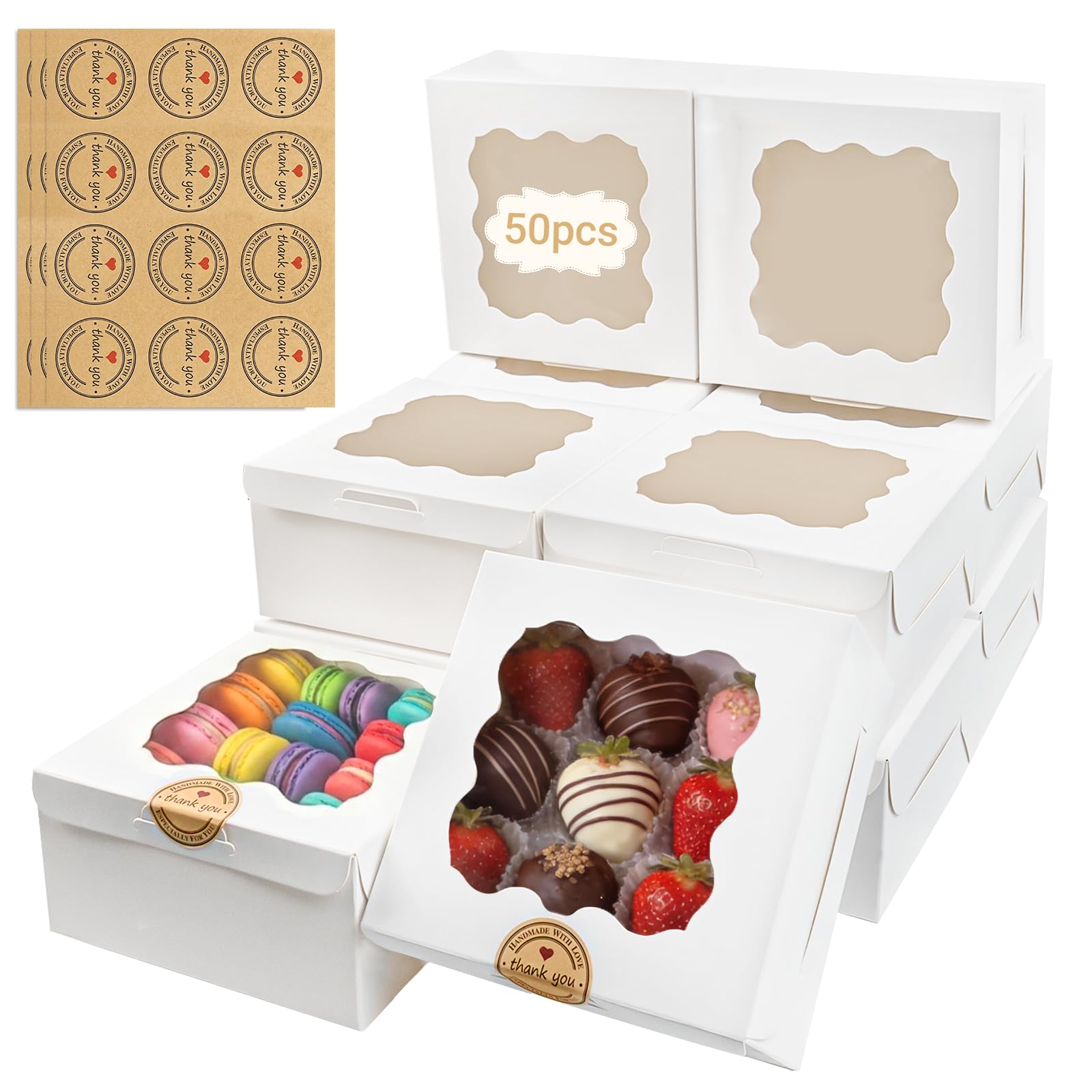 WESIYEE 50Pcs Cookie Boxes with Window,6X6X3 Inches Treat Boxes for Desserts Macaron Boxes, White Small Gift Boxes for Baked Goo