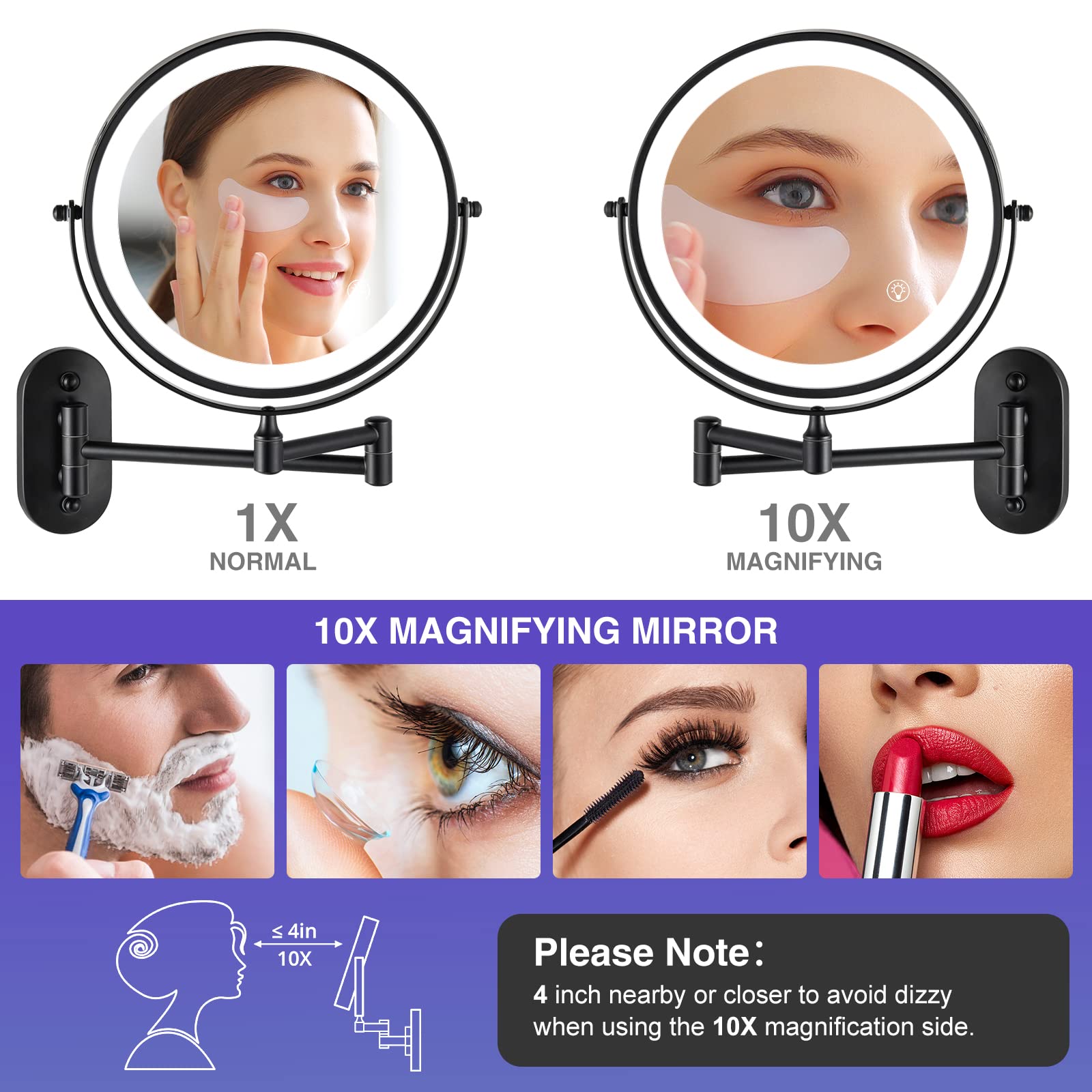 Rechargeable Wall Mounted Makeup Mirror, 8.5 Inch Double-Sided 1/10X Magnifying Bathroom Mirror With 3 Color Lights, Lighted Van