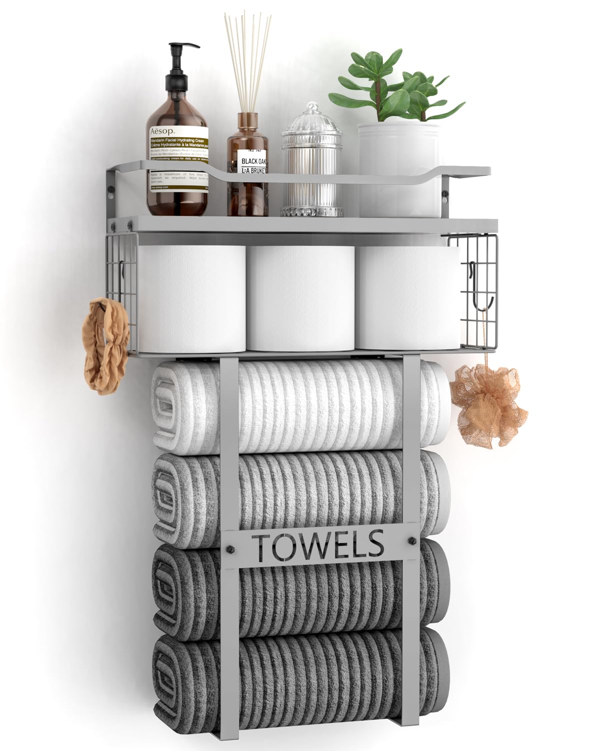 Towel Racks for Bathroom Wall Mounted - Bath Wall Towel Holder Set Above Toilet Storage, Rolled Towel Shelf Organizer for Small 