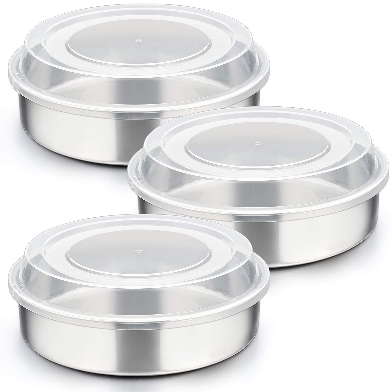 P&P Chef 8-Inch Cake Pan With Lid Set (3 Pans + 3 Lids), Stainless Steel Round Baking Pan For Picnic Wedding Birthday, Leakproof