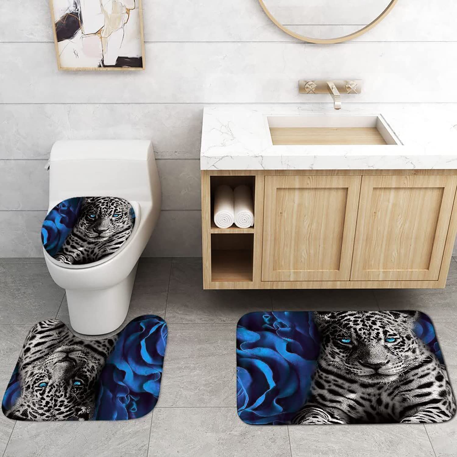 jieprom 4PCS Blue Rose and Leopard Shower Curtain Set with Non-Slip Rugs  Toilet Lid Cover and Bath Mat  Animal Shower Curtain with 12 Hooks  Durable Waterproof Bathroom Decor Set