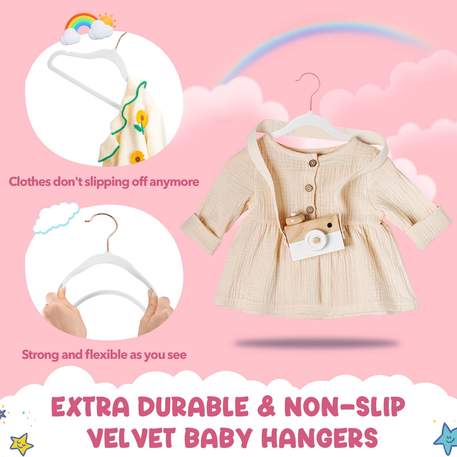 HOUSE DAY Velvet Baby Hangers for Closet  Kids Hangers Velvet 60 Pack  Non Slip Toddler Hangers 11.8 Inch  Durable Childrens Hangers Newborn Hangers for Baby Clothes- White