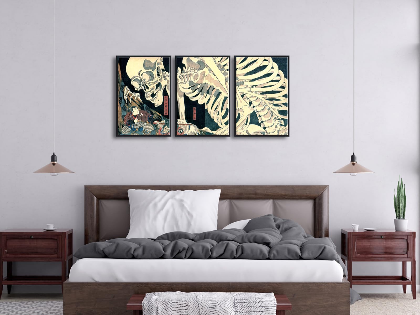 Wieco Art Black Framed 3 Piece Witch And Skeleton Ukiyo-E By Utagawa Takiyasha Historic Cultural Illustrations For Living Room B
