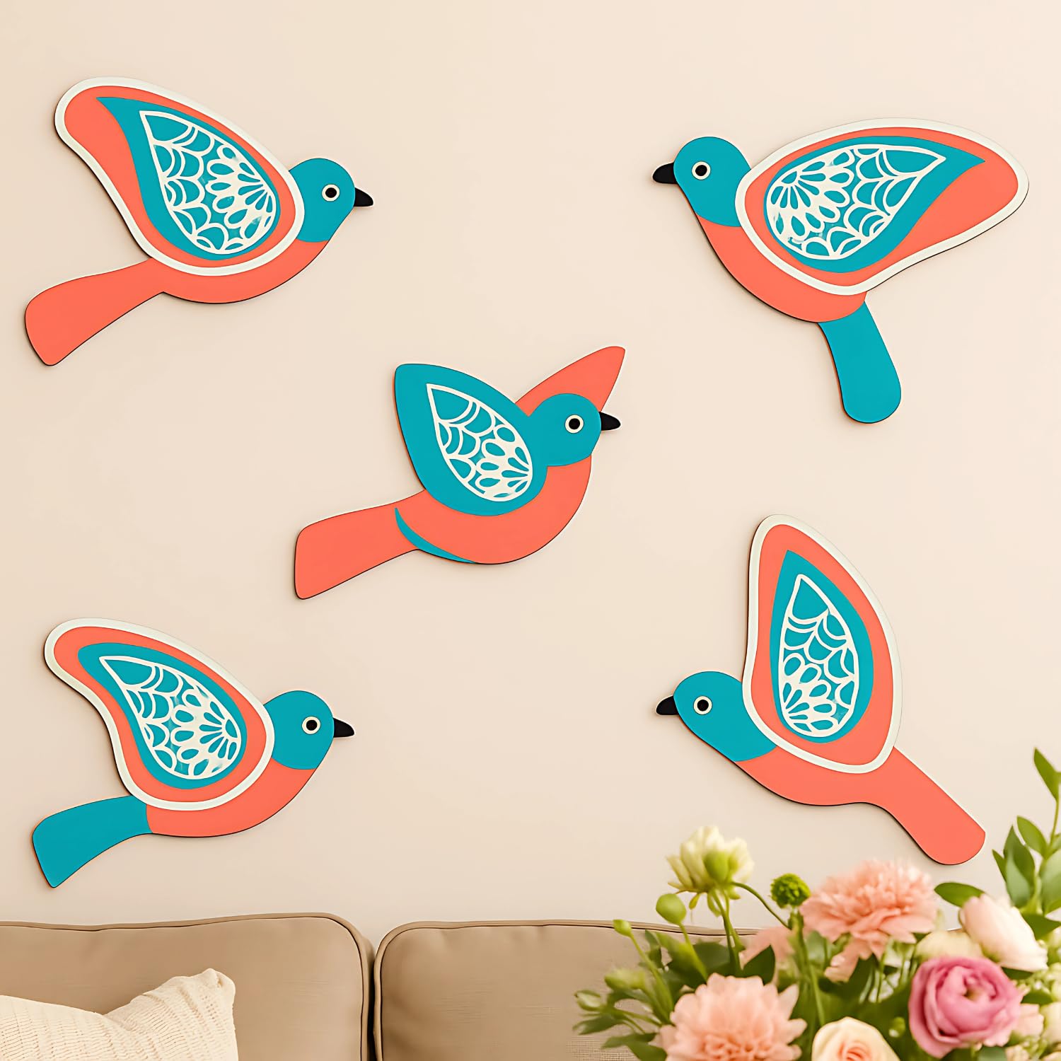 Giftoday Wooden 3D 5 Pieces Birds For Wall Art Panel | Wood Bird Art Wall Hanging Art Decoration Item For Living Room, Bedroom, 