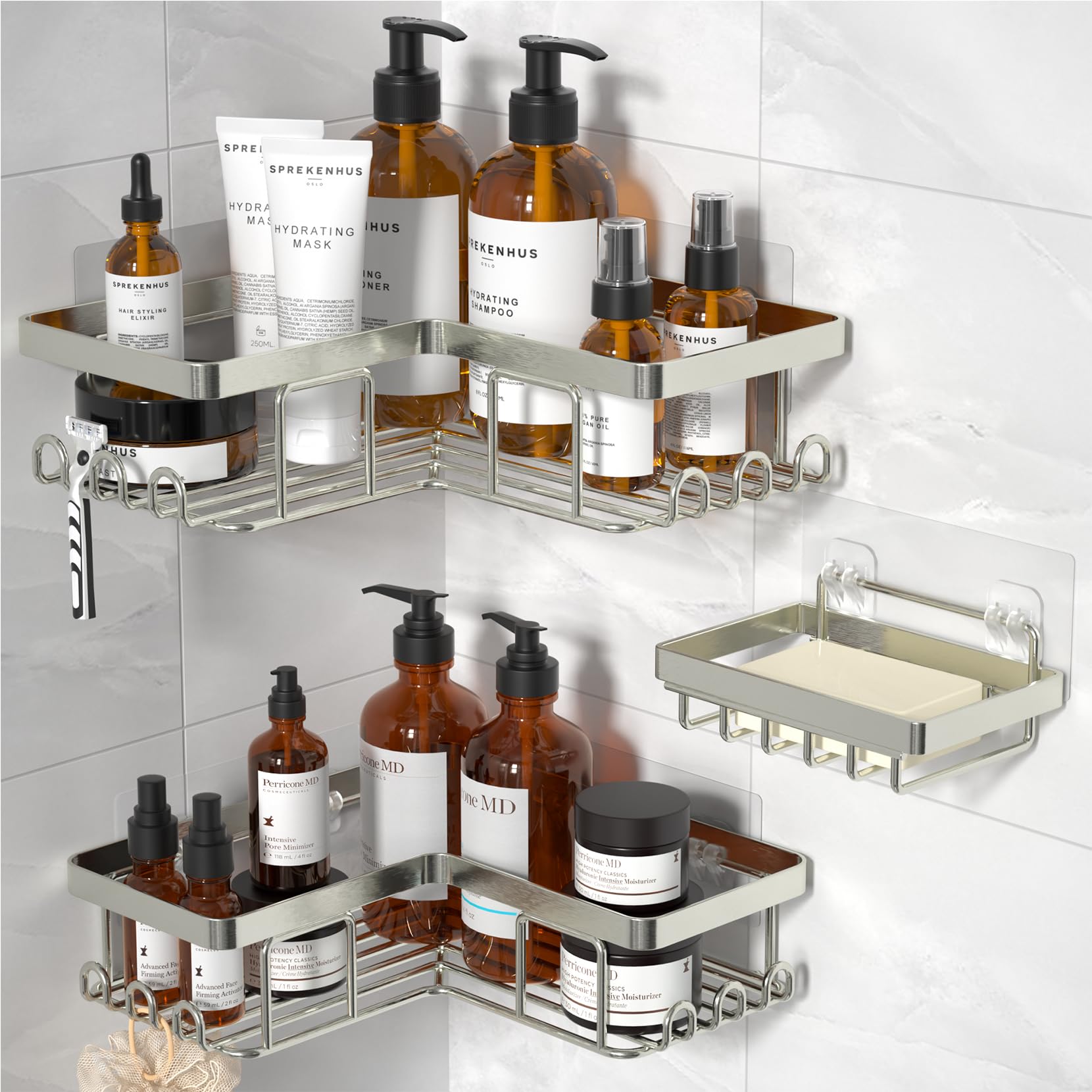 YASONIC Corner Shower Caddy, 3-Pack Adhesive Shower Caddy with Soap Holder and 12 Hooks, Rustproof Stainless Steel Bathroom Orga