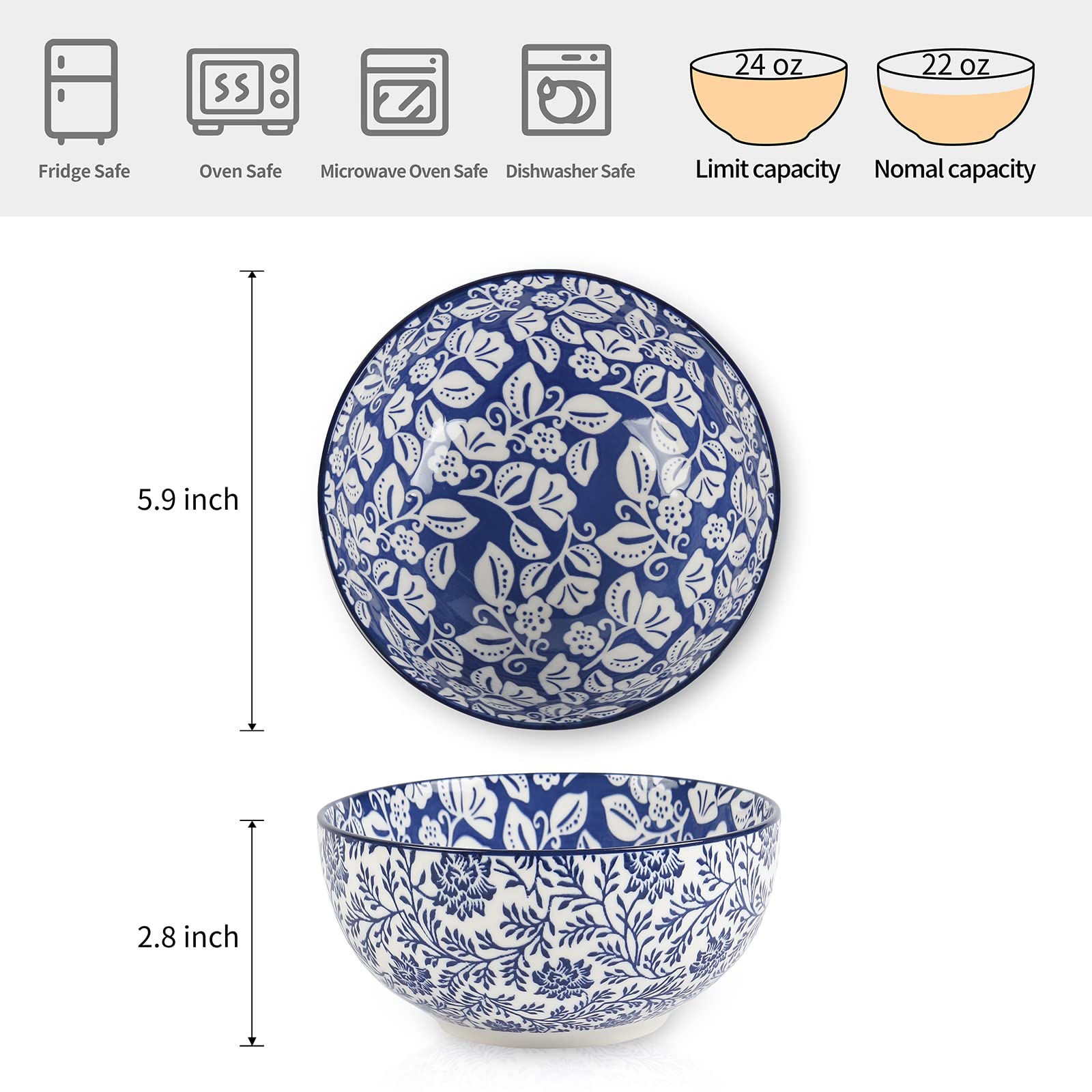 Selamica Ceramic Cereal Bowls Set Of 6, 24 Oz Deep Soup Bowls For Kitchen, 5.9 Inch Porcelain Dessert Bowls For Salad, Pasta, Oa