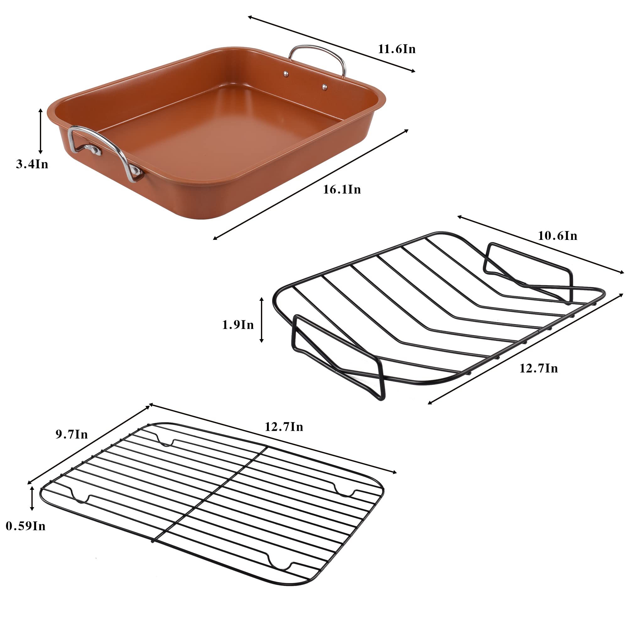 KitCom Nonstick Roasting Pan, Roaster with Cooling Rack and V-Rack - 16 Inch Rectangular Turkey Roaster Lasagna Pan for Easter,
