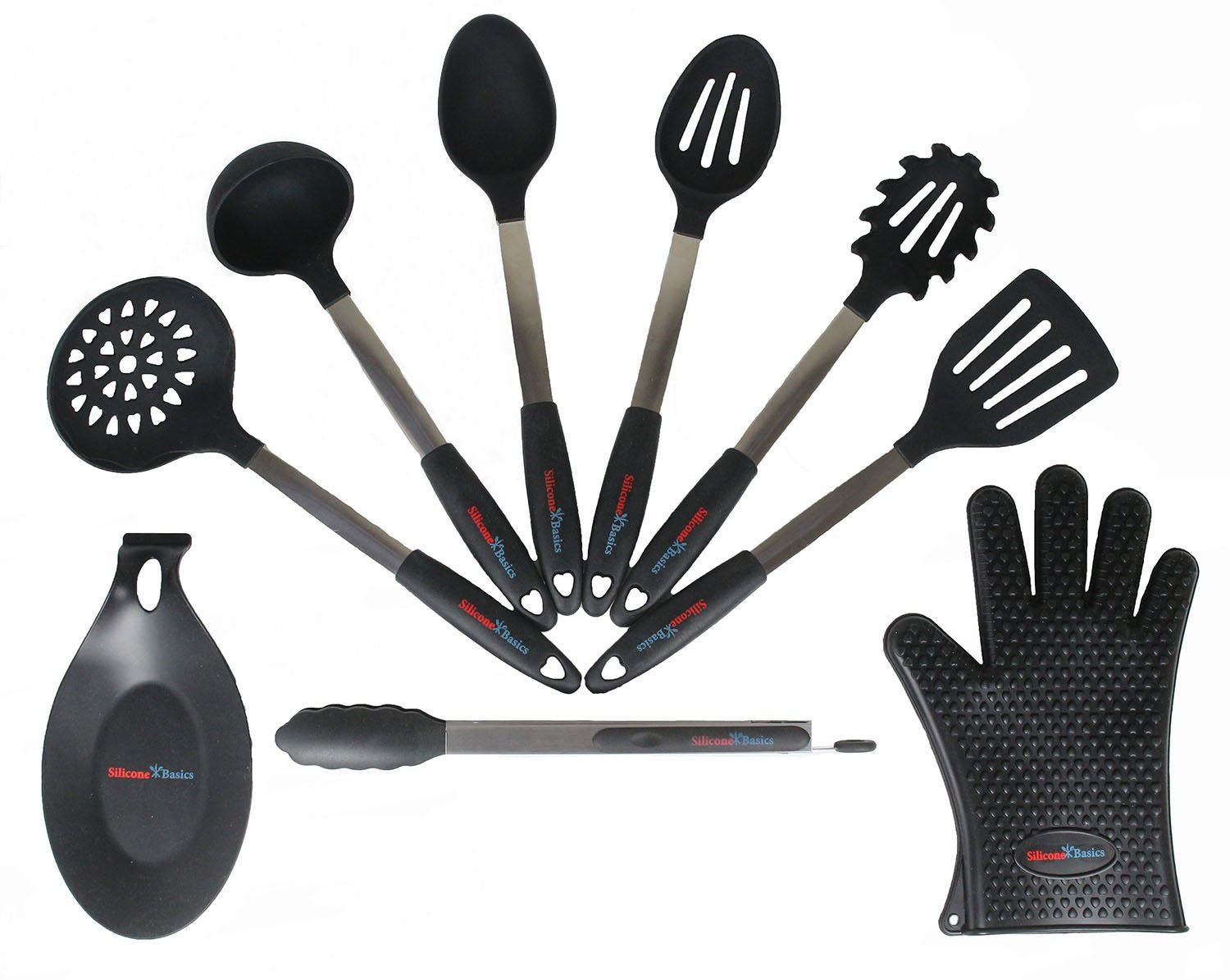 Silicone Basics Ultimate 9-Piece Black Stainless Steel & Silicone Kitchen Utensil Set - Premium Quality Cooking Tools