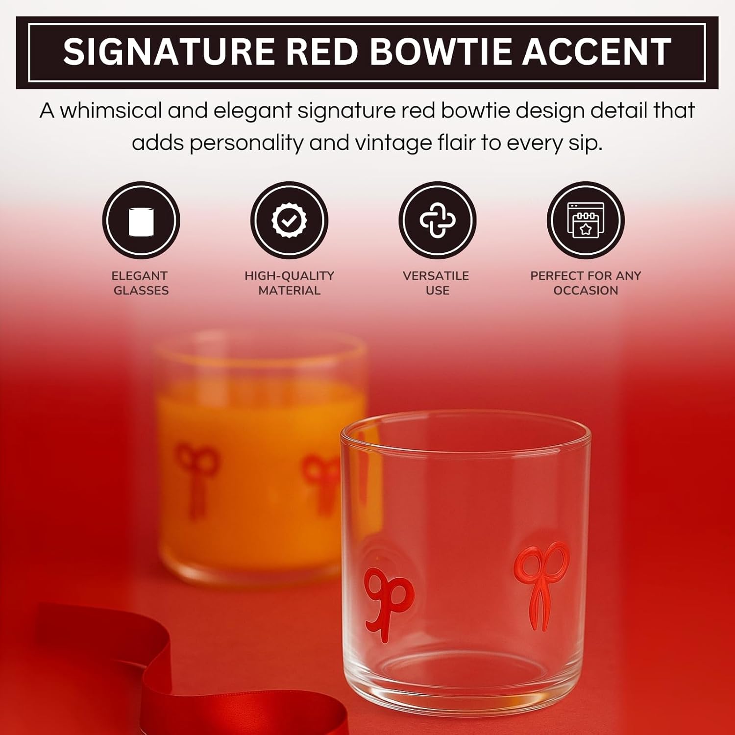 Red Bowtie Tumbler | Clear Water or Juice Glasses | Set of 2