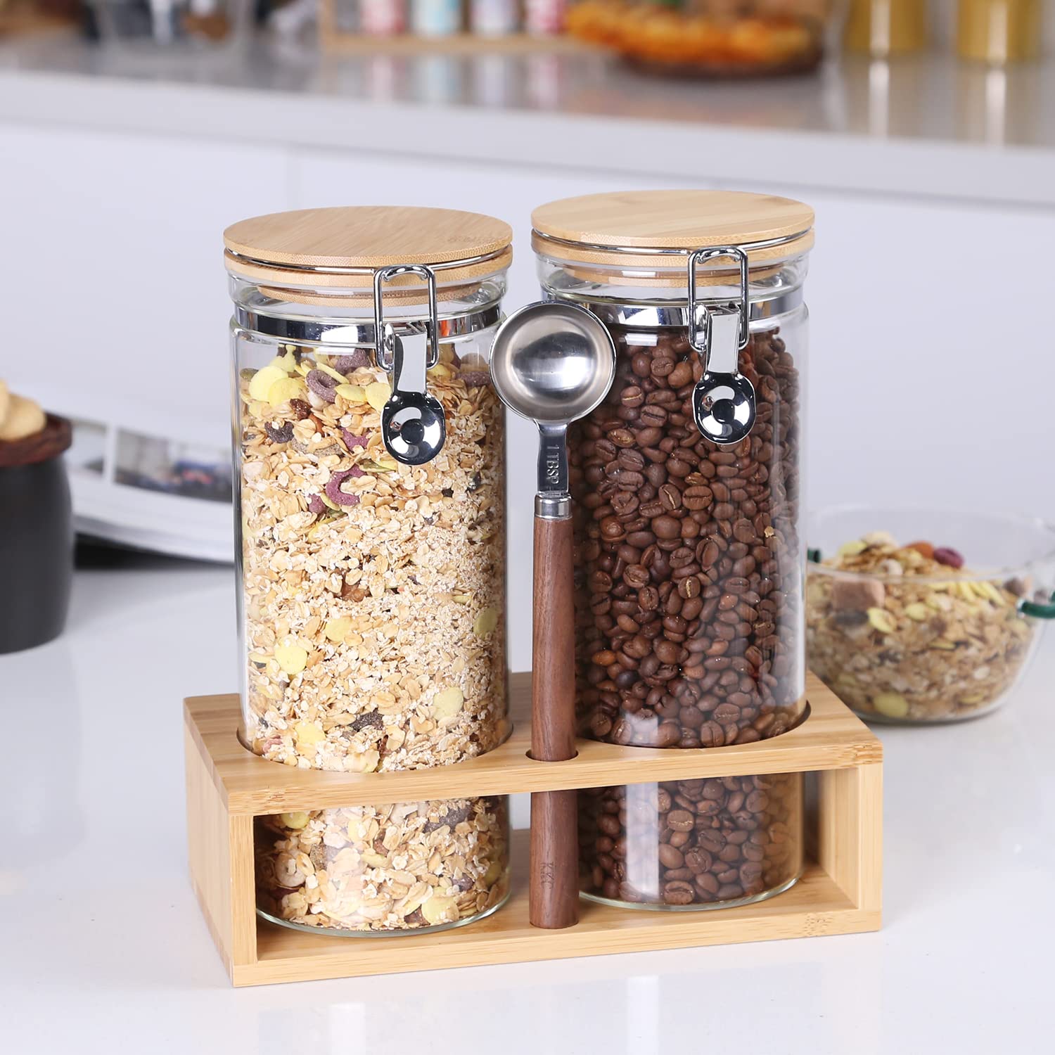 Kkc Airtight Tall Glass Coffee Sugar Jar Canisters With Hinged Lids For Countertop,Tall Glass Storage Containers With Scoop For