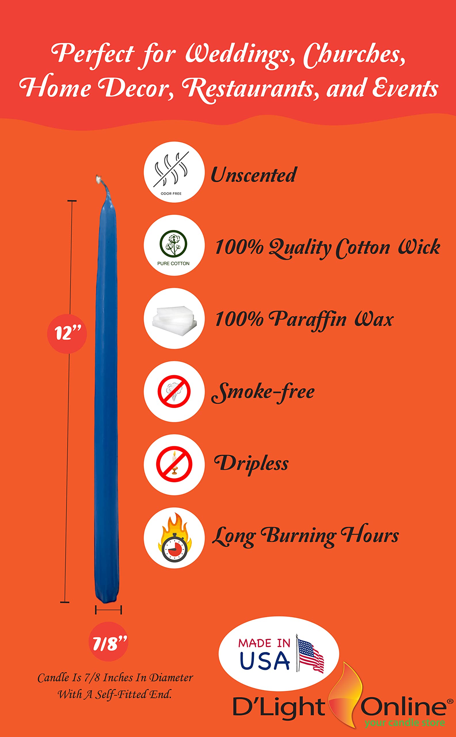 D'light Online Elegant Unscented Medium Royal Blue Taper Premium Quality Candles Hand-Dipped  Dripless and Smokeless - Set of 12 Individually Wrapped (12 Inch  Medium Blue)