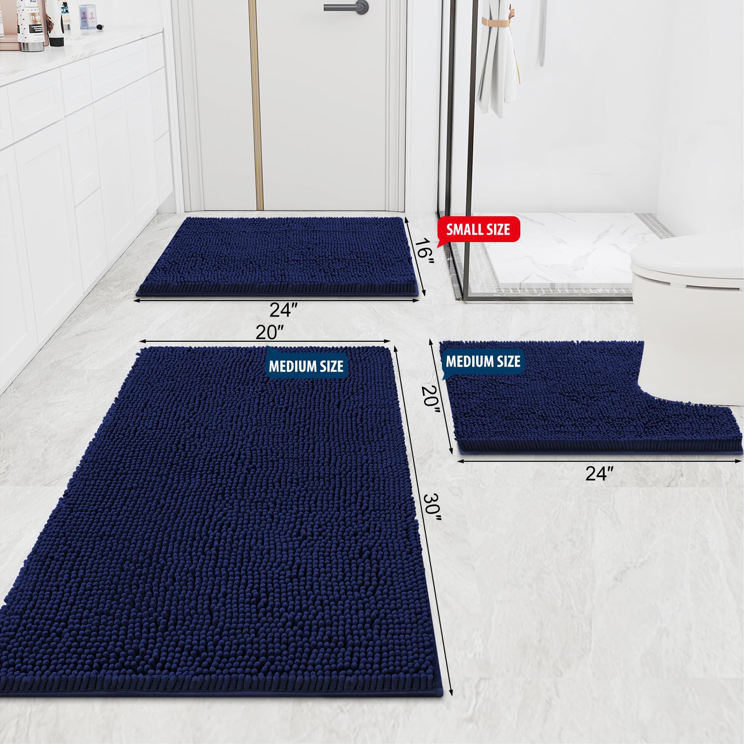 smiry Luxury Chenille Bath Rug  Extra Soft and Absorbent Shaggy Bathroom Mat Rugs  Machine Washable  Non-Slip Plush Carpet Runner for Tub  Shower  and Bath Room (59''x20''  Navy Blue)