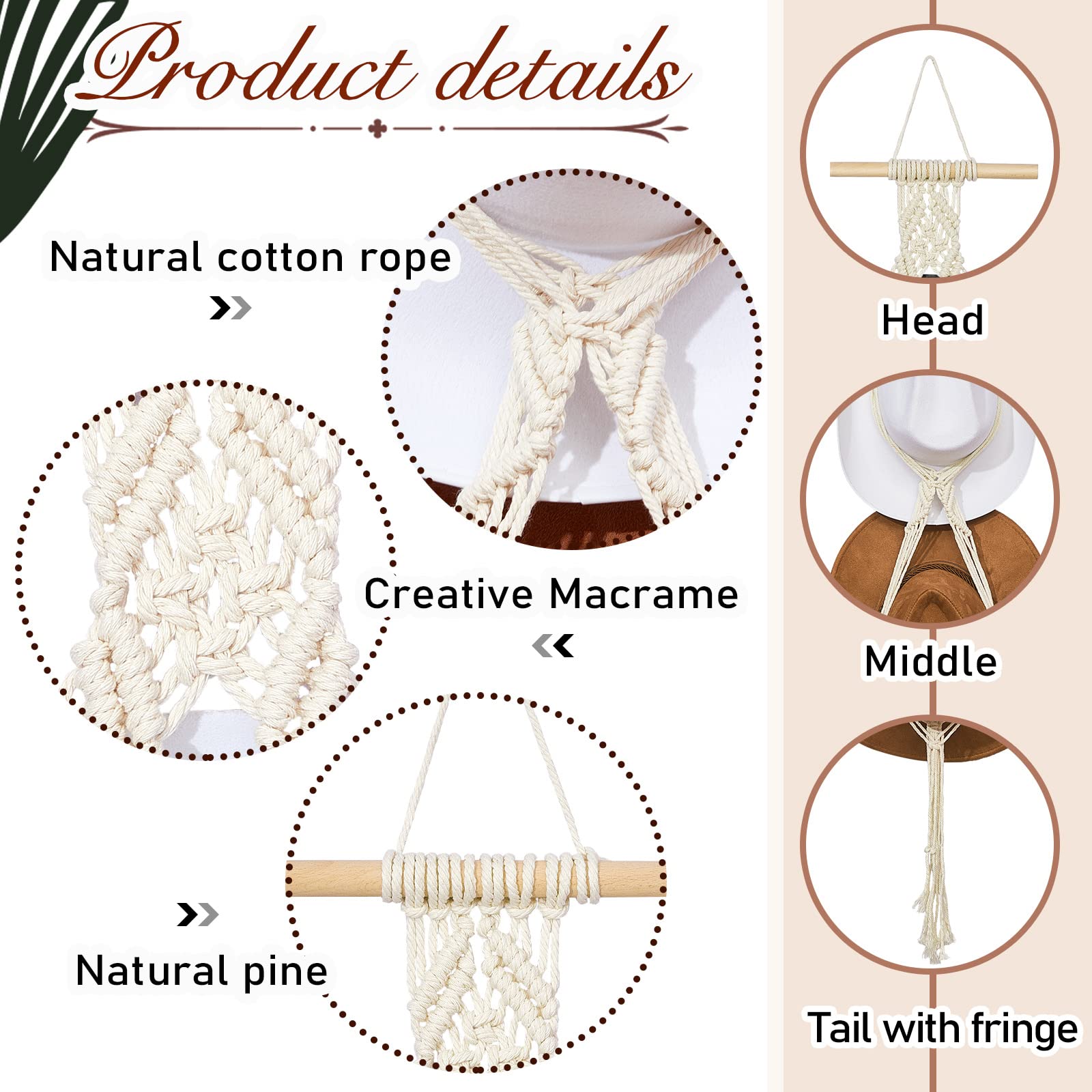 Yulejo Macrame Hat Hangers Boho Hat Rack Cowboy Hat Hanger Back of Door Hat Organizer (White Four Hats Style)