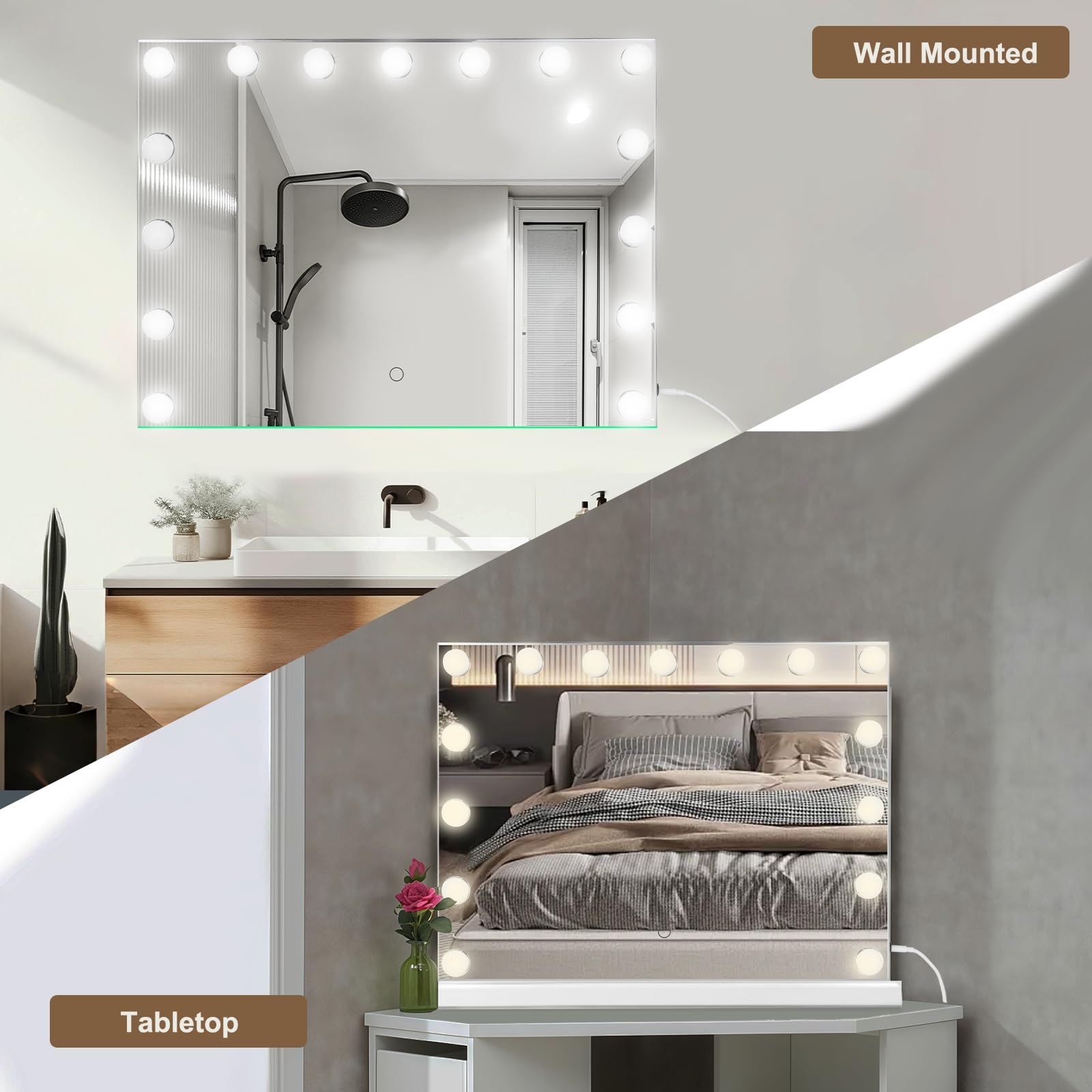 Amifiy Hollywood Vanity Mirror with Lights, 23"x18", 10x Magnification, 15 LED Bulbs, 3 Lighting Modes, White, Model HM5846
