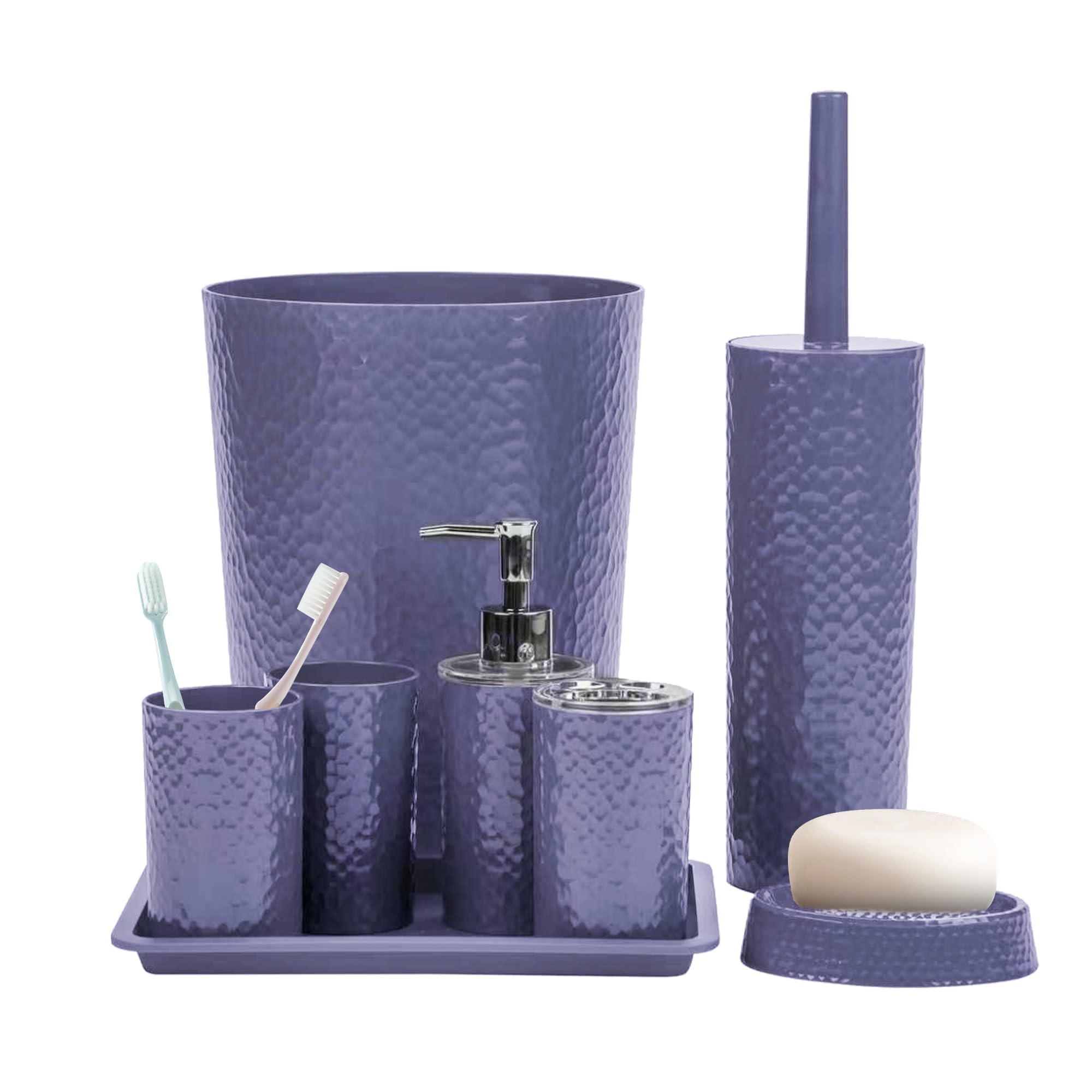 Rosewill Bathroom Accessories 8-Piece Set - Trash Can, Toilet Brush with Holder, Lotion Dispenser, Toothbrush Holder, 2 Toothbru