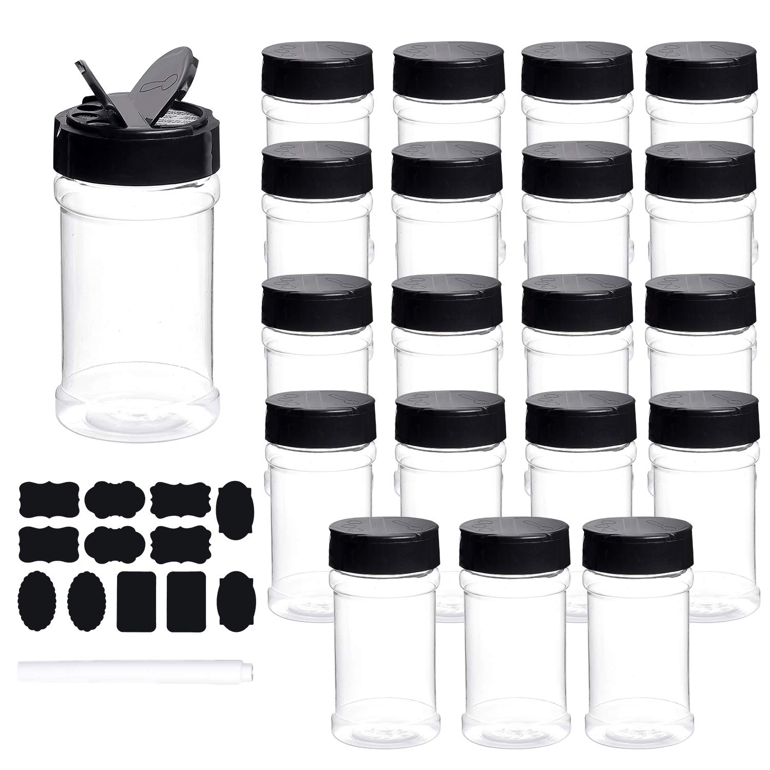 Spice Bottles, Dabacc 20Pcs 7Oz Clear Plastic Container Jars With Lids Labels For Kitchen Storing Spice Powders Dry Goods Peanut
