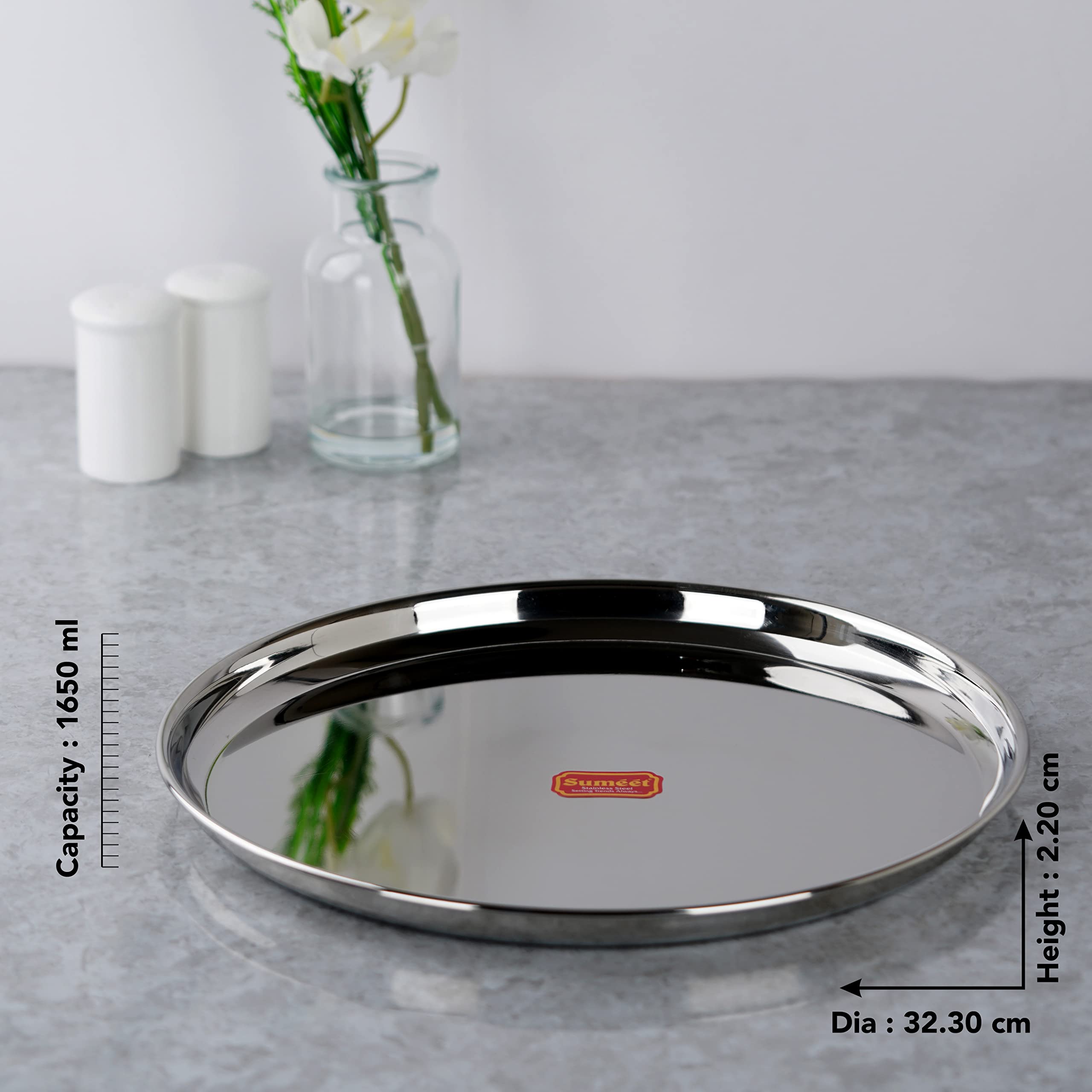 Sumeet Stainless-Steel Heavy Gauge Dinner Plates with Mirror Finish-32.3cm Dia, Set of 3pc, Silver