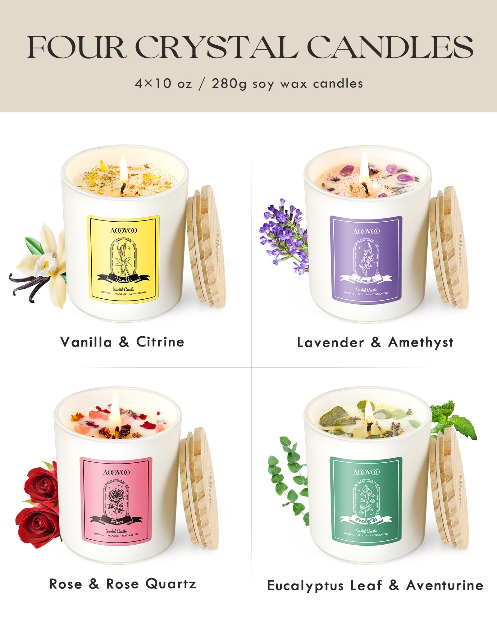 AOOVOO Rose/Vanilla/Eucalyptus/Lavender Scented Candles for Women - Aromatherapy Candle with Crystals Inside, 40oz Soy Candles f