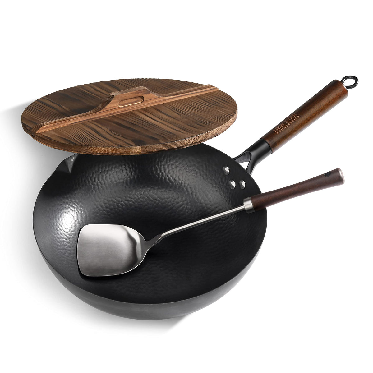 New Star Foodservice 1029154 Hand Hammered Cast-Iron Non-Stick Wok Carbon Steel, Includes 12.7'' Round Bottom Wok, Wooden Wok Li
