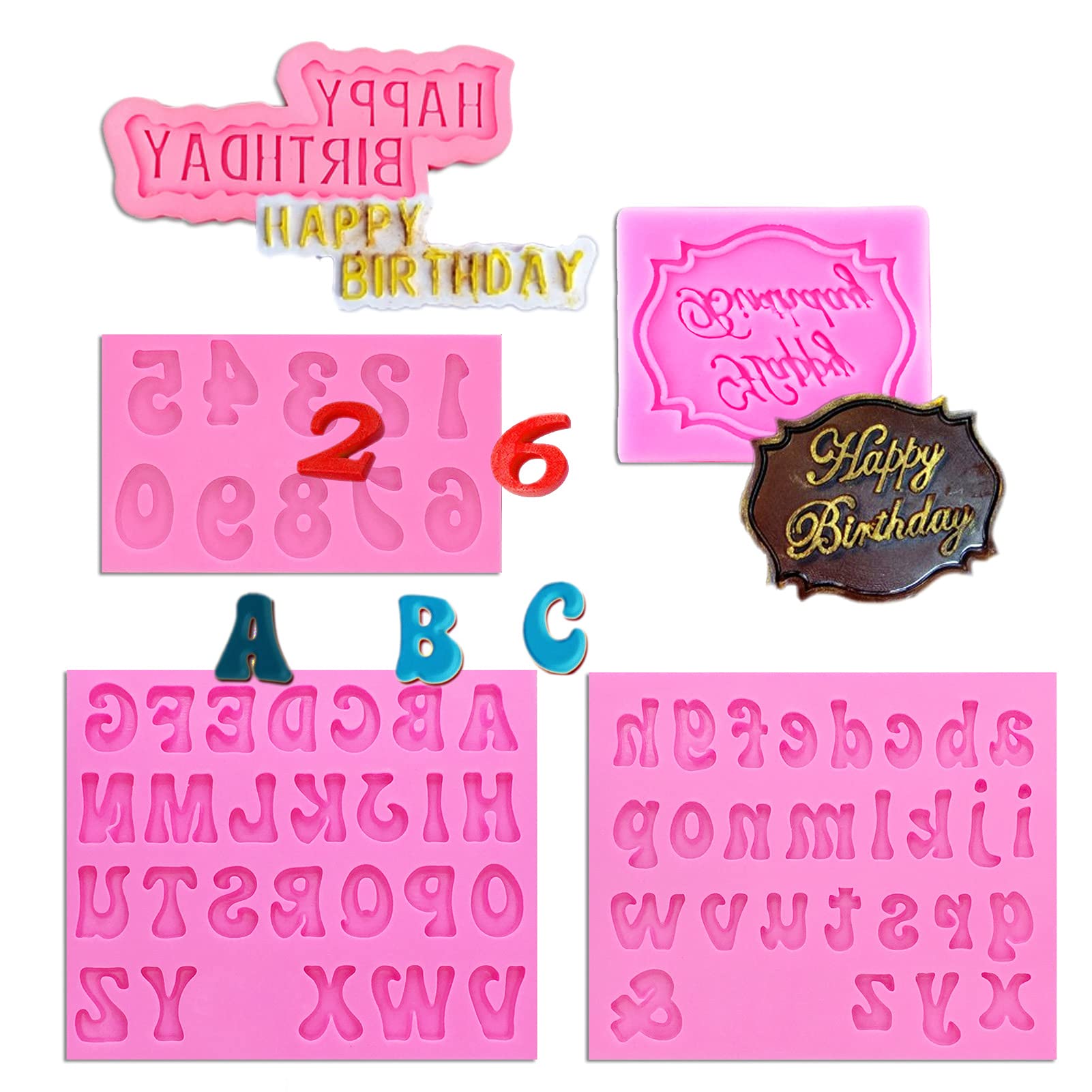 Muyulin Letter Chocolate Molds, 5 Pack Fondant Molds Letter Silicone Happy Birthday Molds For Cake Decoration Chocolate Covered