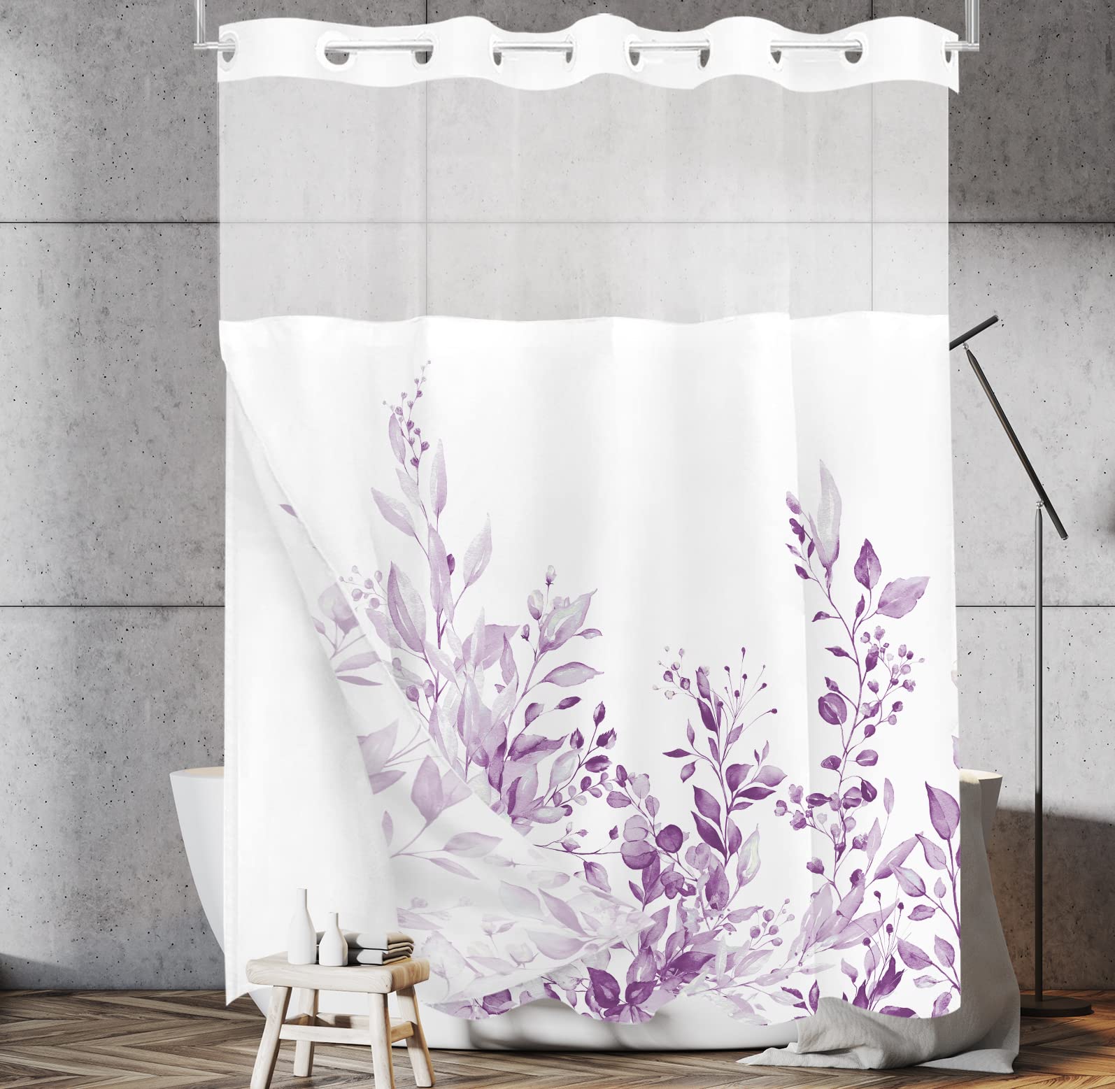 Tititex No Hooks Snap In Liner Lilac Light Purple Eucalyptus Leaves Shower Curtain, Hotel Luxury Double Layers Waterproof Fabric