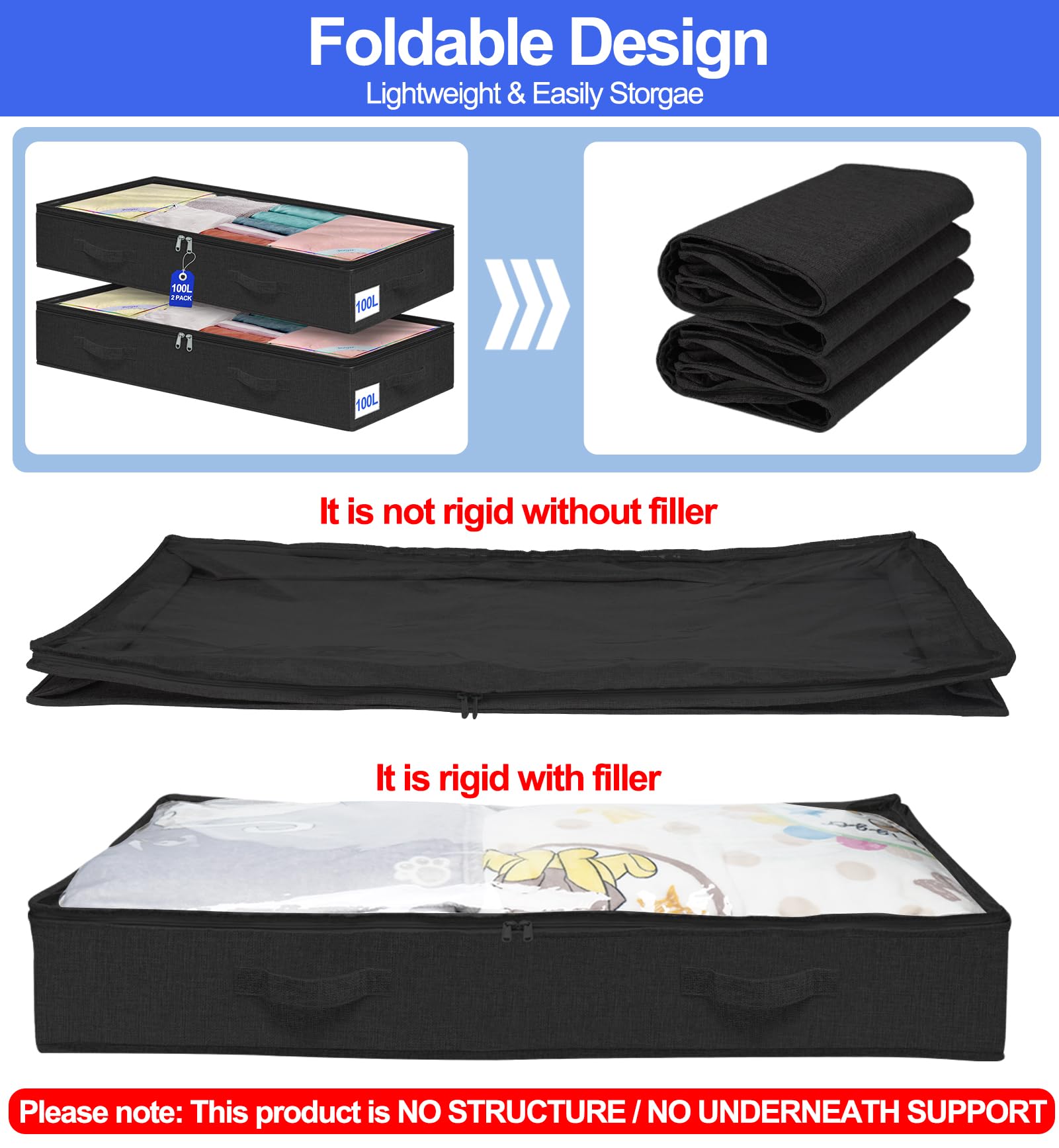 punemi Extra Large Under Bed Storage Containers Bins 7.5 inch Tall, 6Pcs 100L Underbed Clothes Storage - No Structure - Foldable