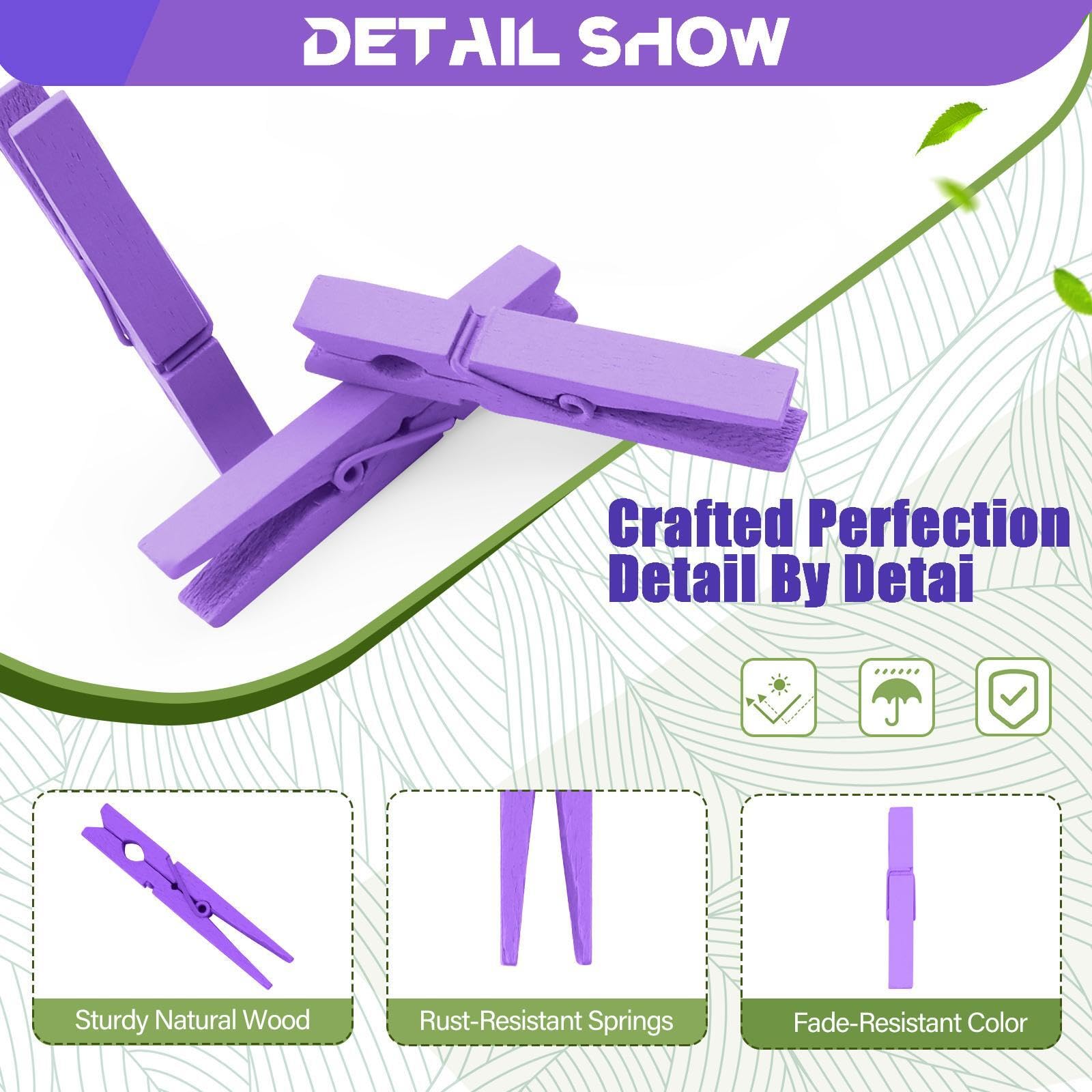 Colored Clothes Pins Wooden 100 Pack, Purple Clothespins Wood, Clothespin Rainbow Color Heavy Duty, Clothes Clips For Craft Show