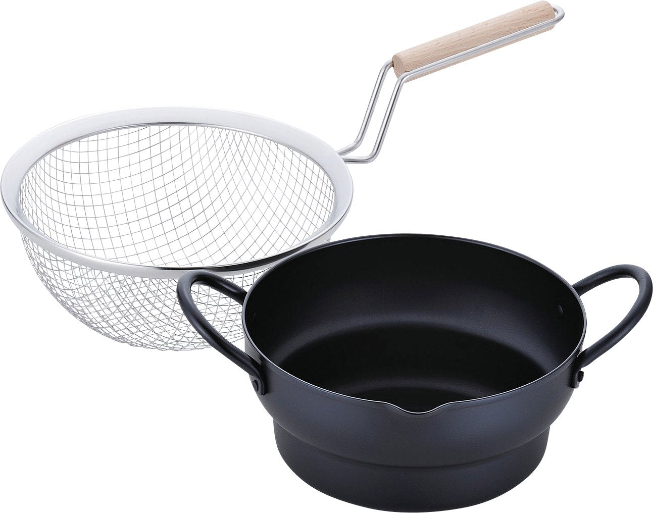 Wahei Freiz SM-9548 Cookware Set, Deep Frying, Oil Slicer, Tempura Pot, 7.1 inches (18 cm) & Wooden Handle Fryer Set, Saishokuan