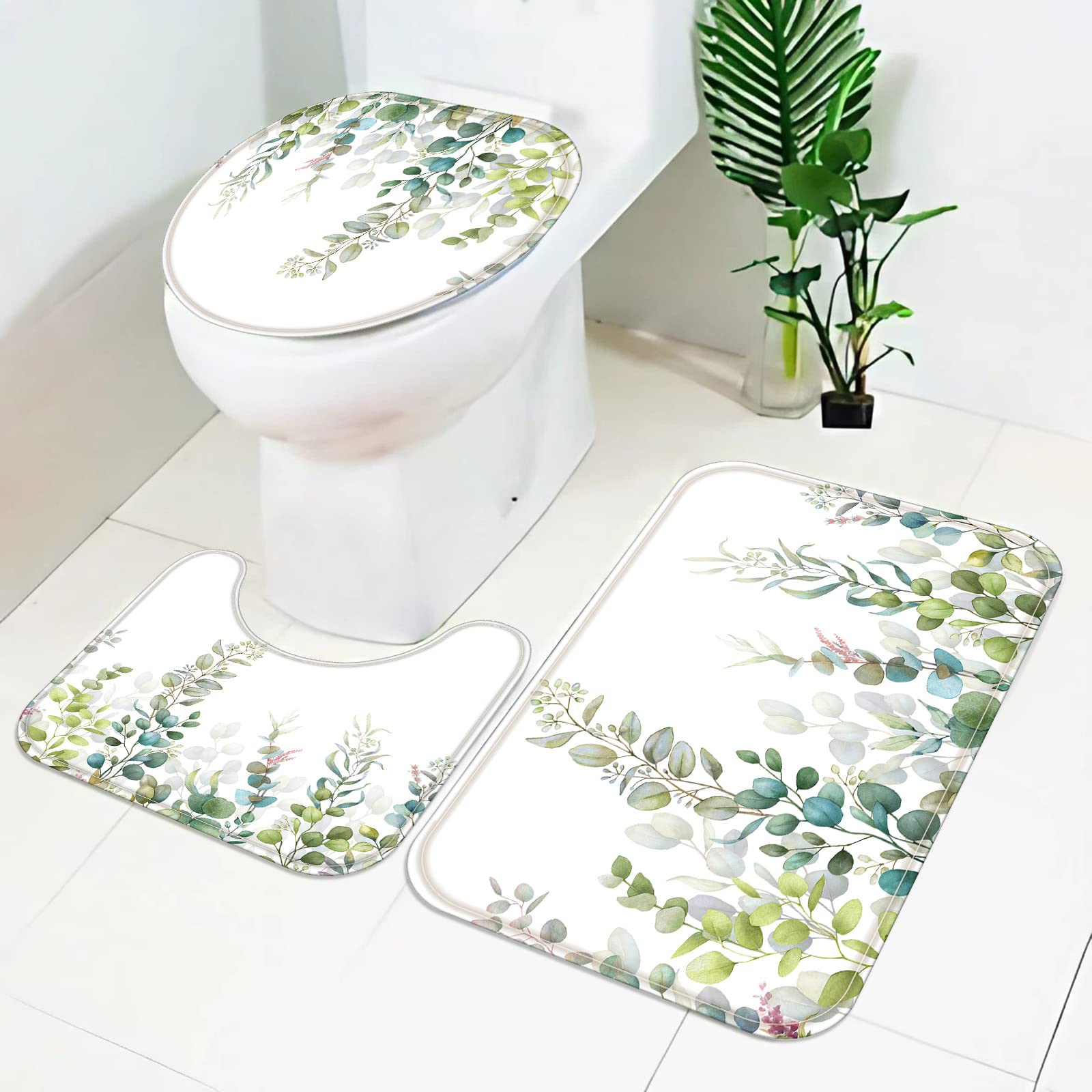 Fungarth 4 Pcs Green Eucalyptus Shower Curtain Set With Rug Teal Plant Leaf Bathroom Sets With Waterproof Fabric Shower Curtain