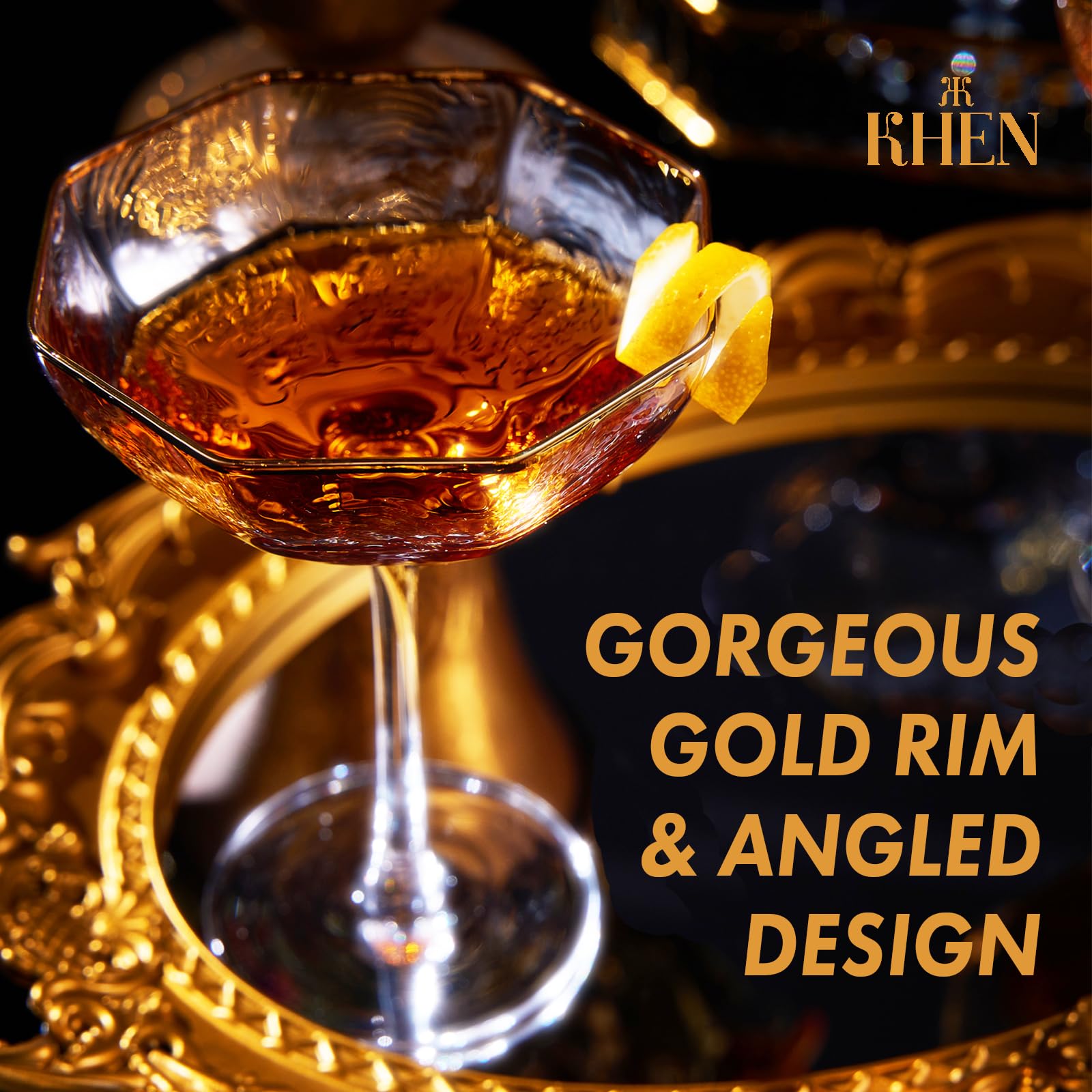 Khen Champagne Coupe Glasses Set of 4 Vintage Octagonal Gold Rim - 6oz Clear Gold Rim