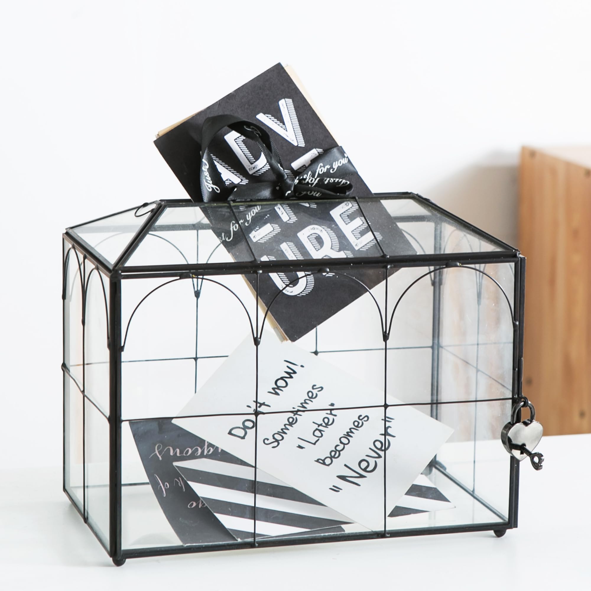 Sanllusit Wedding Card Box with Slot, 10.2'' Large Black Glass Card Boxes for Reception, Clear Decorative Storage Box with Lock 