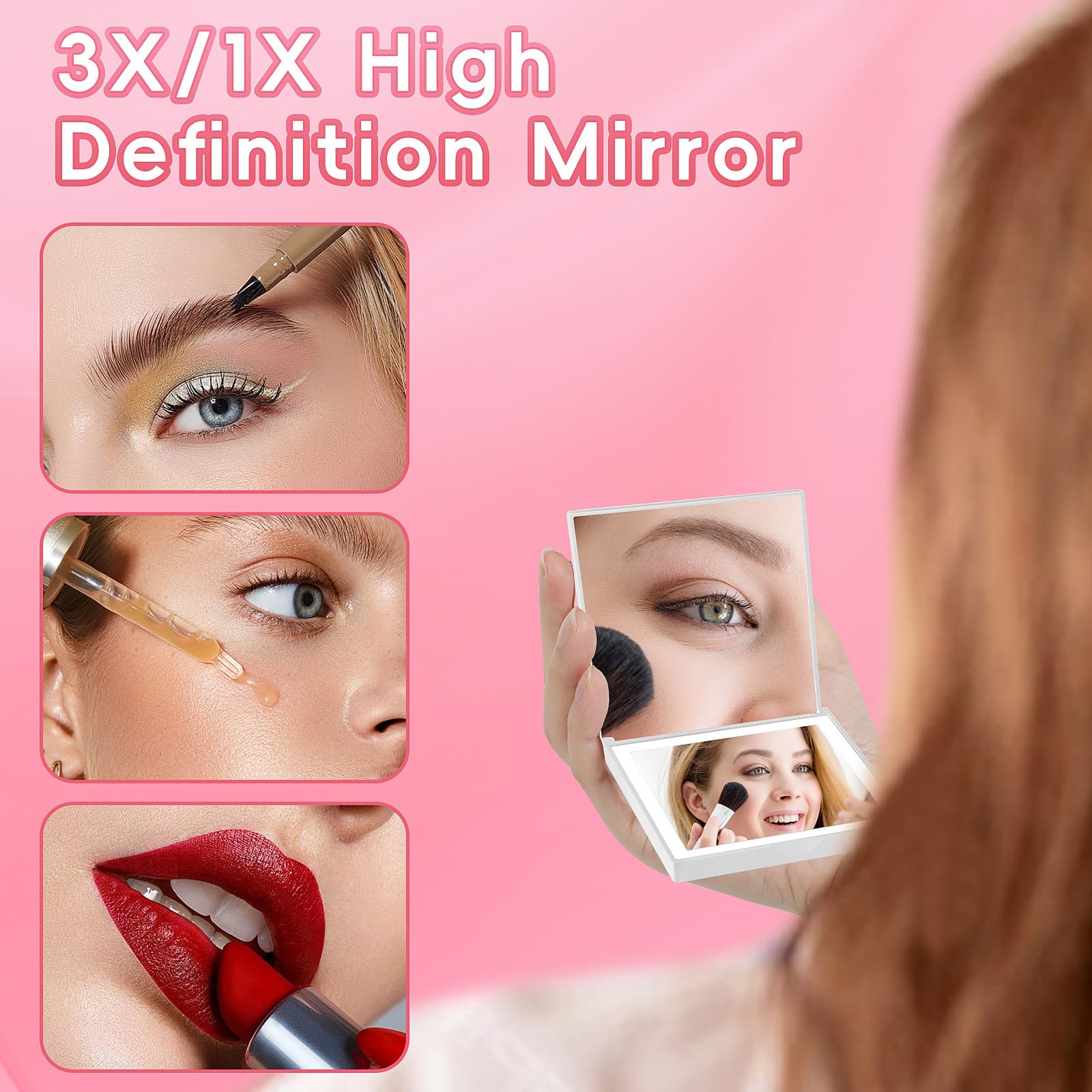Allrose Compact Mirror, 1X/3X Magnifying Travel Mirror With Light Small Purse Mirror Pocket Mirror For Makeup, Mini Led Portable