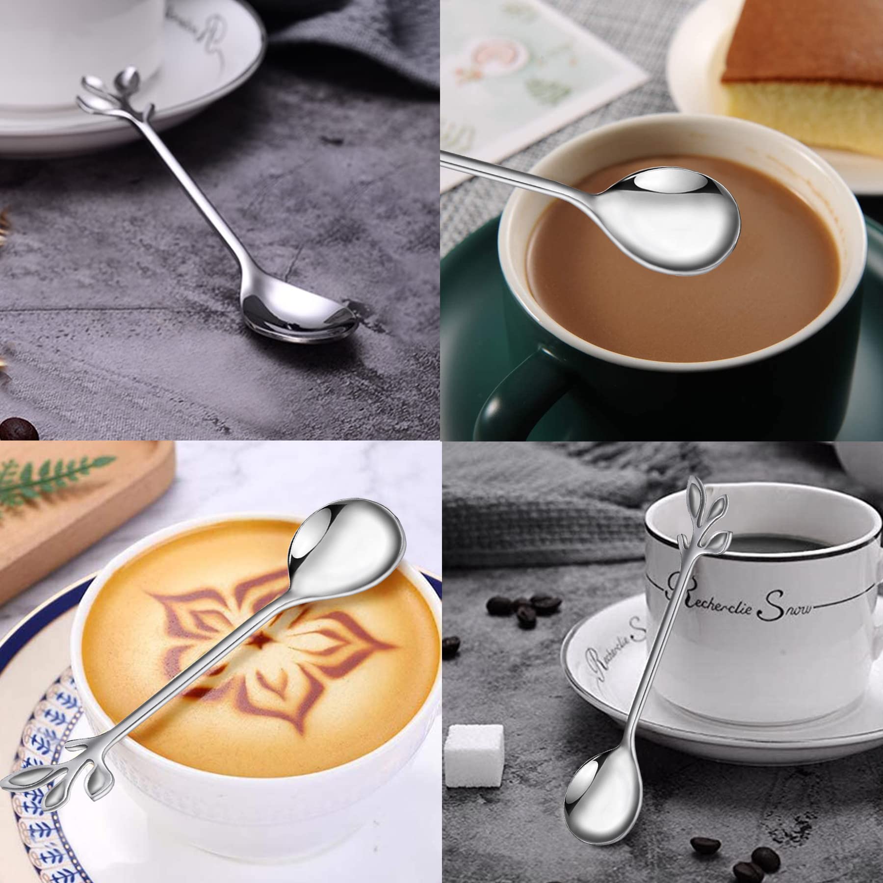 Ifeico Mini Coffee Spoons, Food Grade Stainless Steel Tea Spoons, 4.7 Inch Silver Leaf Dessert Spoons For Home, Kitchen Tablewar
