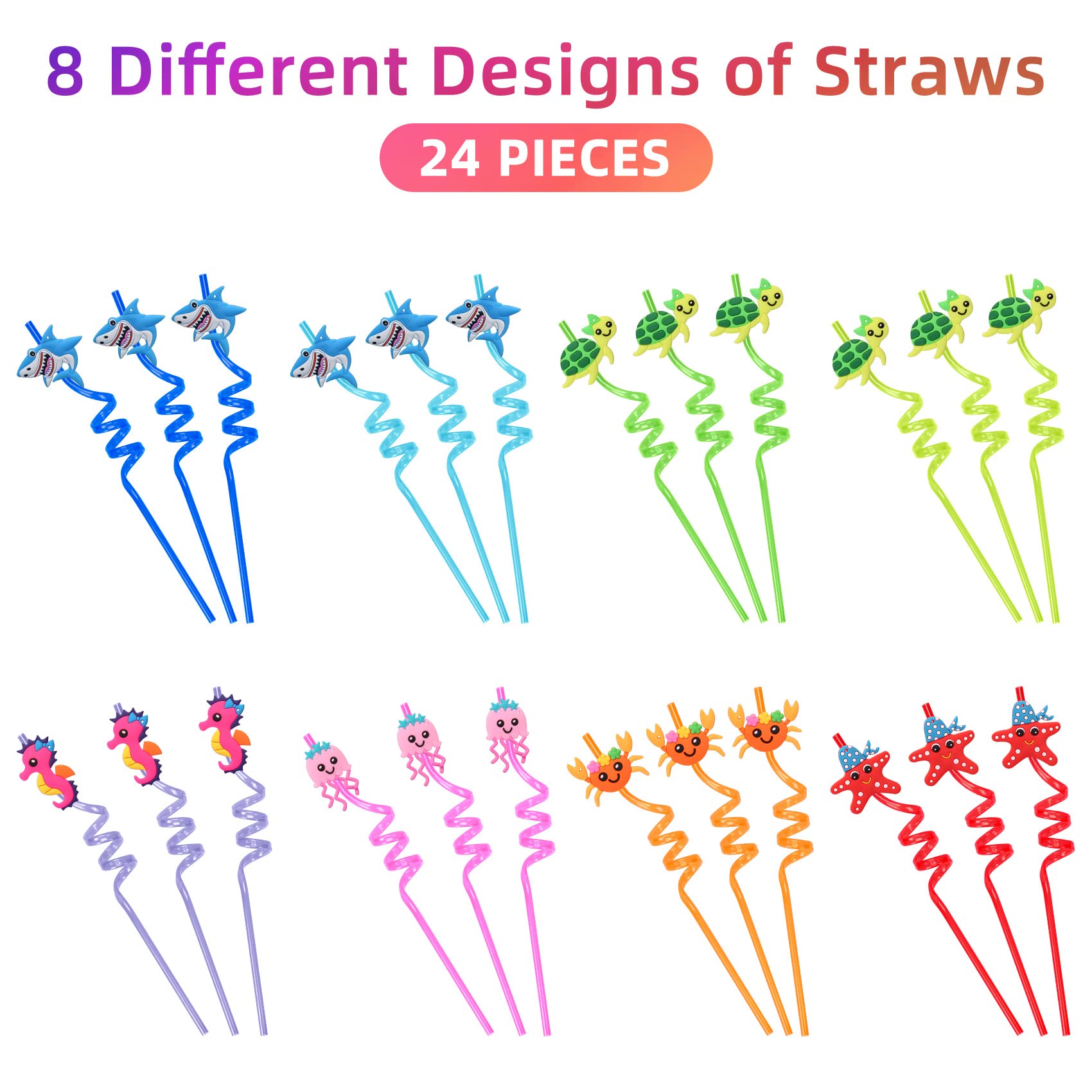 24Pcs Reusable Sea Animal Straws For Sea Party Favors, Ocean Animal Drinking Straws For Under The Sea Party Decorations Supplies