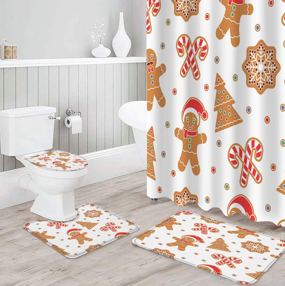 4 Pcs Shower Curtain Sets With Non-Slip Rug, Toilet Lid Cover & Bath Mat, Christmas Element Gingerbread Man Candy Stick Snowflak