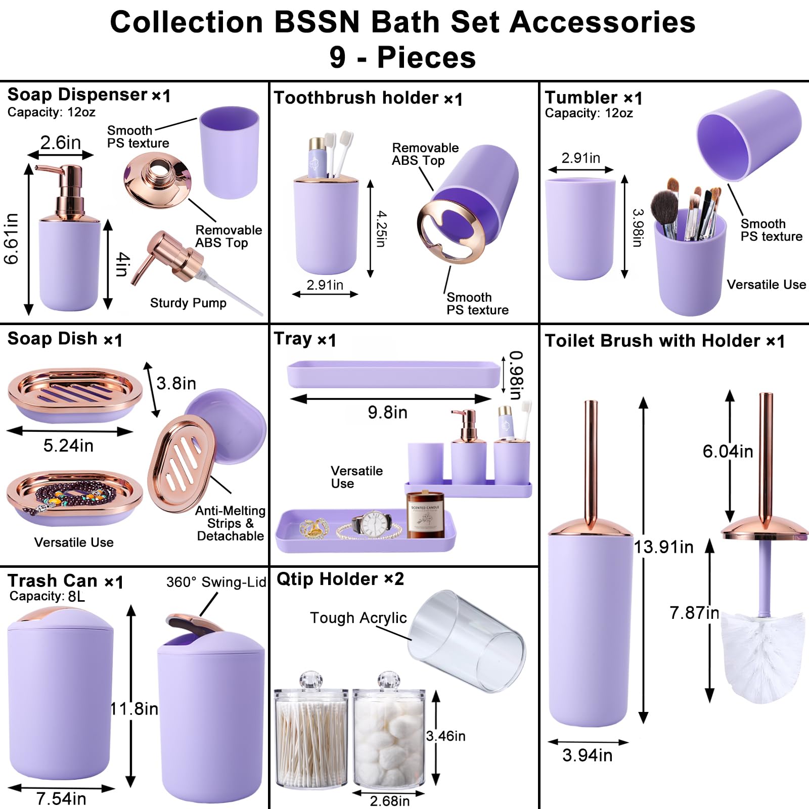 Purple Bathroom Accessories Set, 9-Piece Complete With Trash Can, Soap Dispenser, Soap Dish, Toilet Brush With Holder, Toothbrus