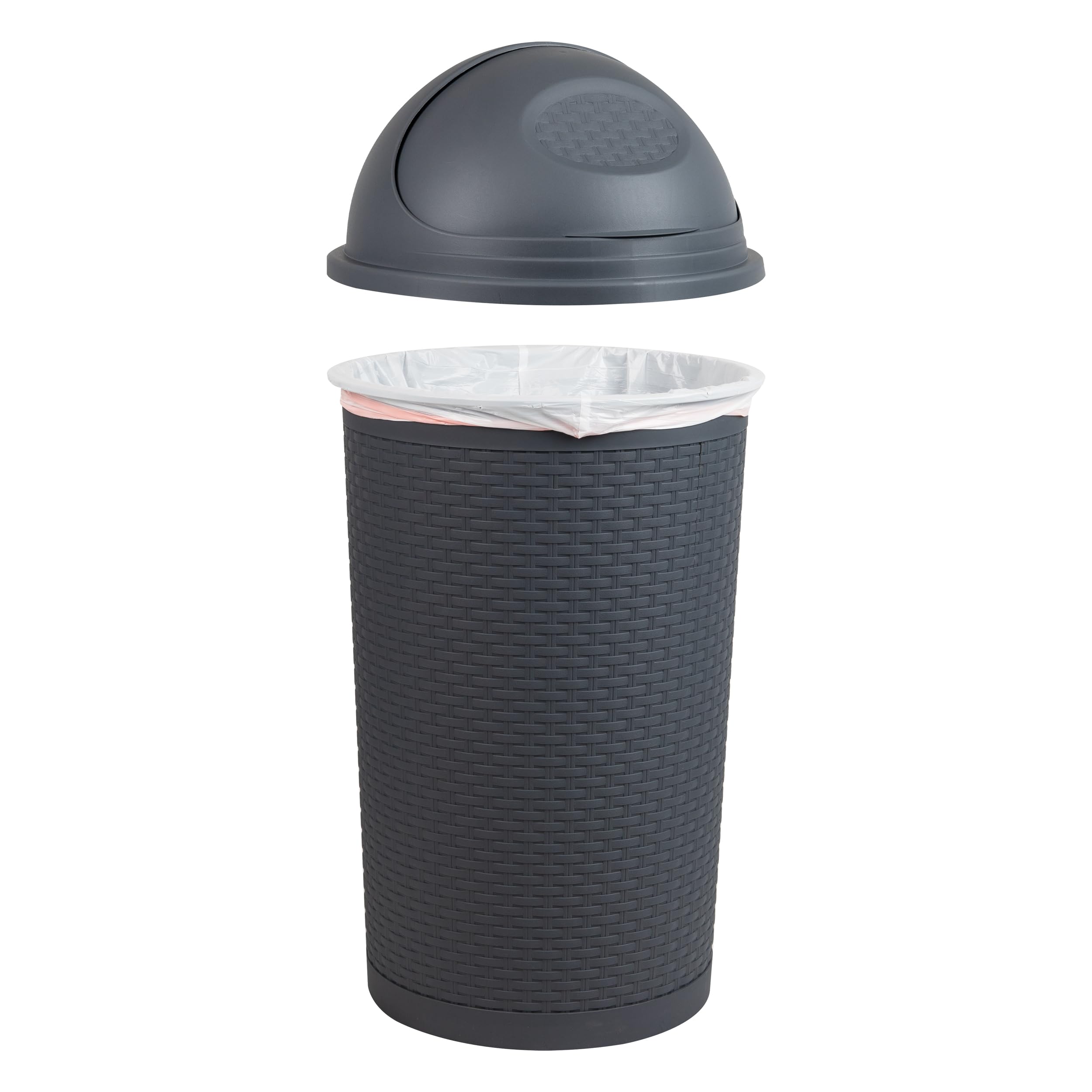 Mind Reader 55L Roll-Top Kitchen Garbage Can, Trash Can With Lid, Premium Wicker Design, Plastic, 16''L X 16''W X 31.5''H, Gray