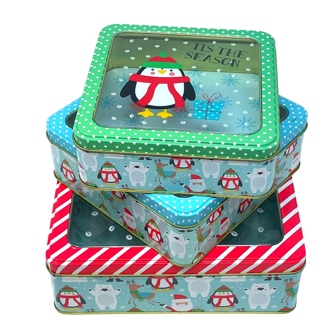 Plum Designs Christmas Cookie Tins- Set Of 3 Sizes- Metal Cookie Tins With Lids-Merry And Bright- Festive Christmas Holiday Trea