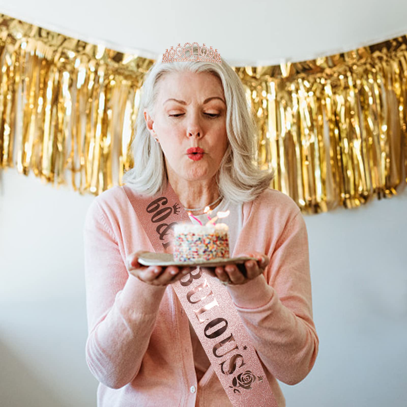 Casoty 60Th Birthday Sash And Tiara For Women, 60Th Birthday Decorations Women, Rose Gold 60Th Crown And ''60 & Fabulous'' Sash